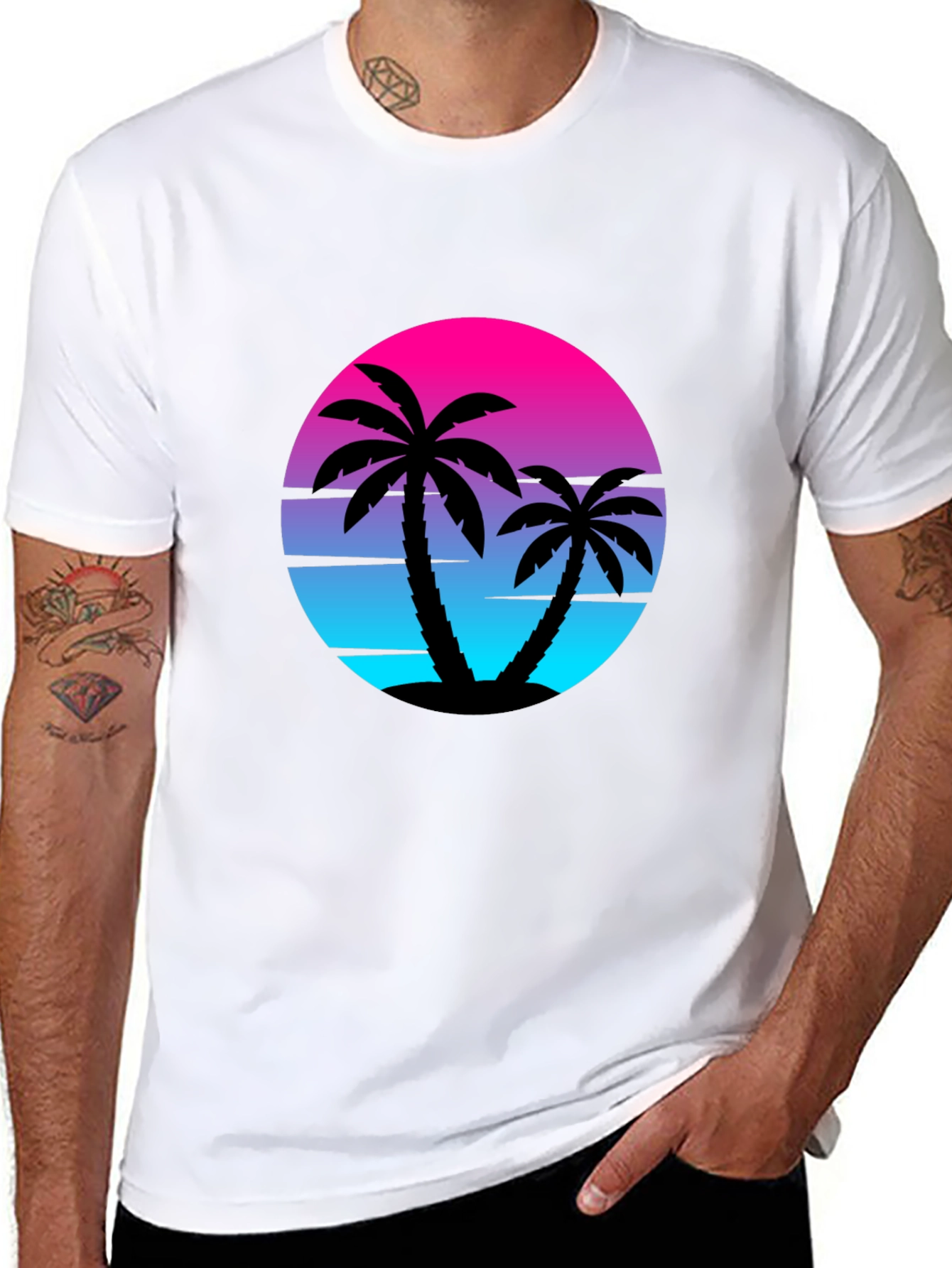 Retro Sunset Palm Tree Graphic Tee - Black