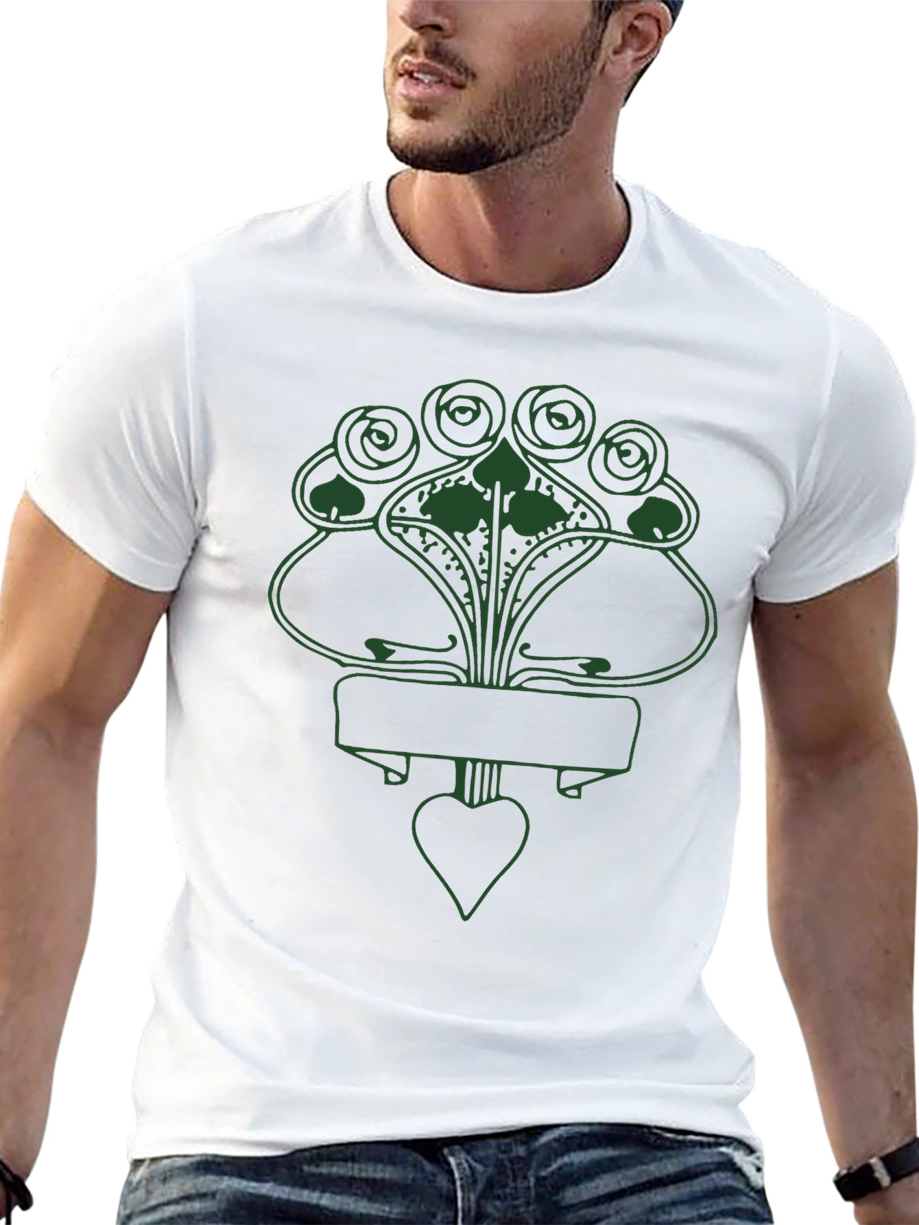 Art Nouveau Floral Heart Graphic T-Shirt - Black