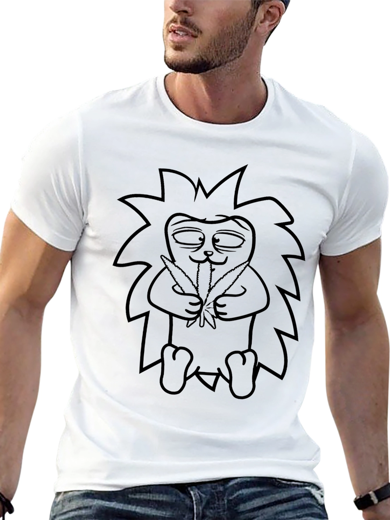 Cool Hedgehog Holding Leaves Graphic Black Tee