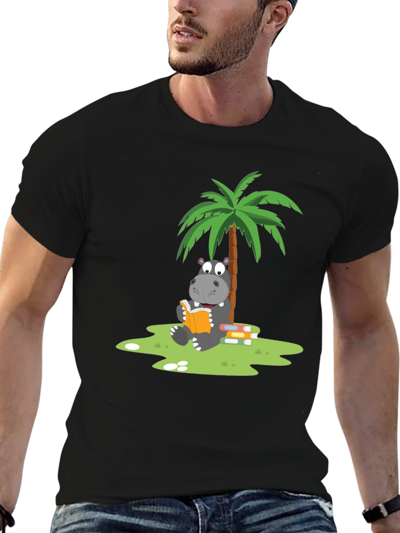 Hippo Reading Under Palm Tree Graphic Tee