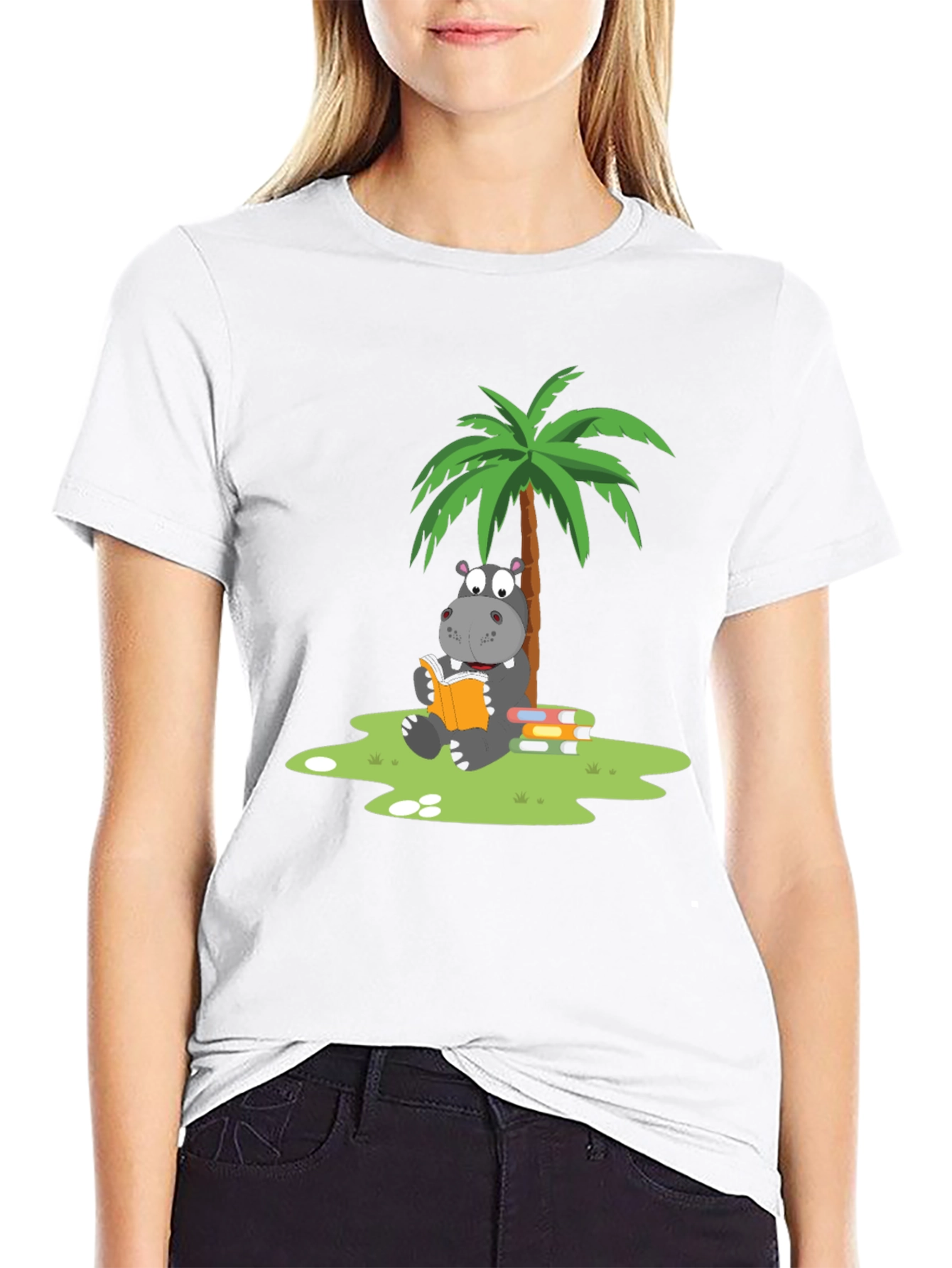 Hippo Reading Under Palm Tree Graphic Tee