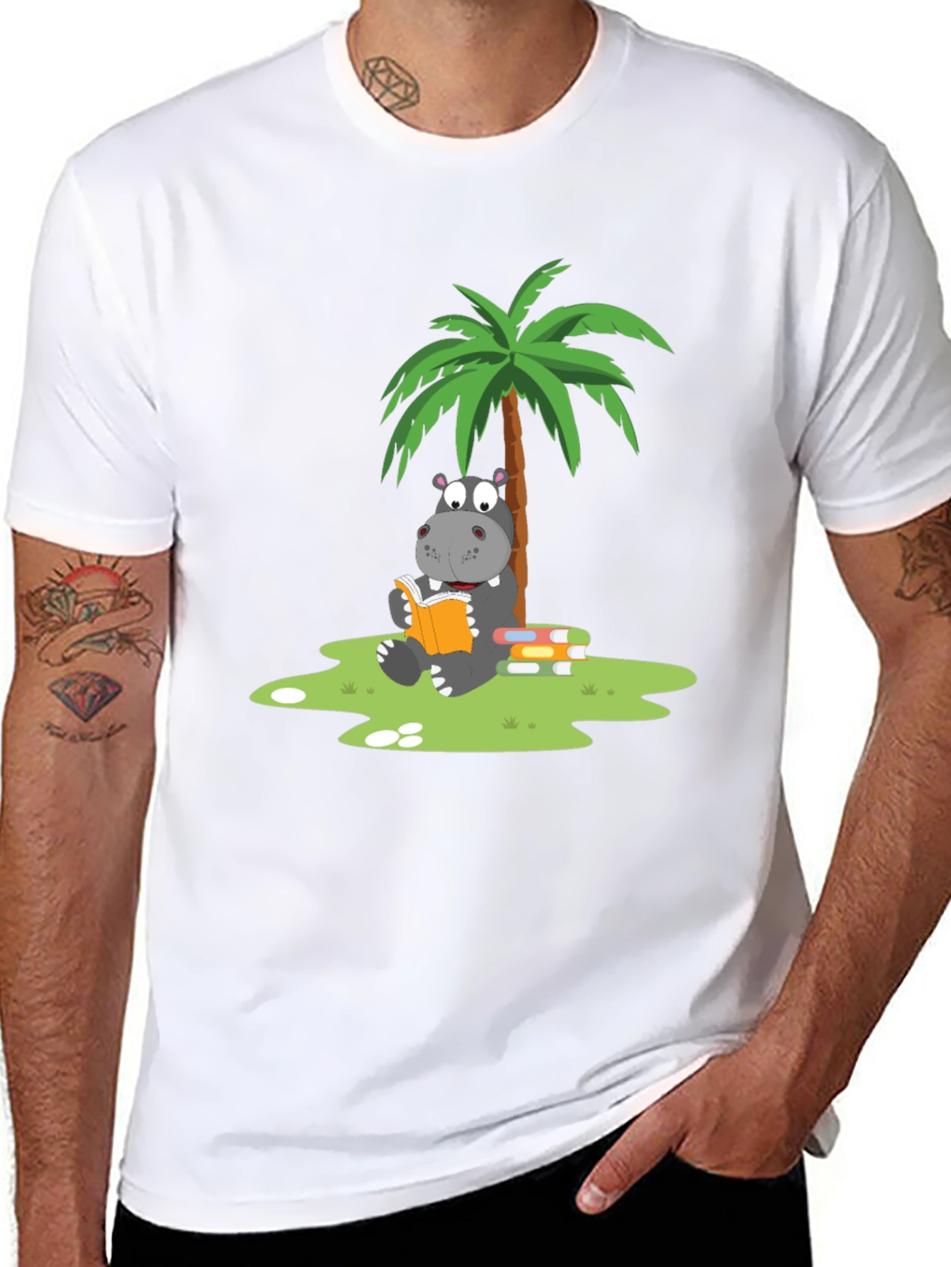 Hippo Reading Under Palm Tree Graphic Tee