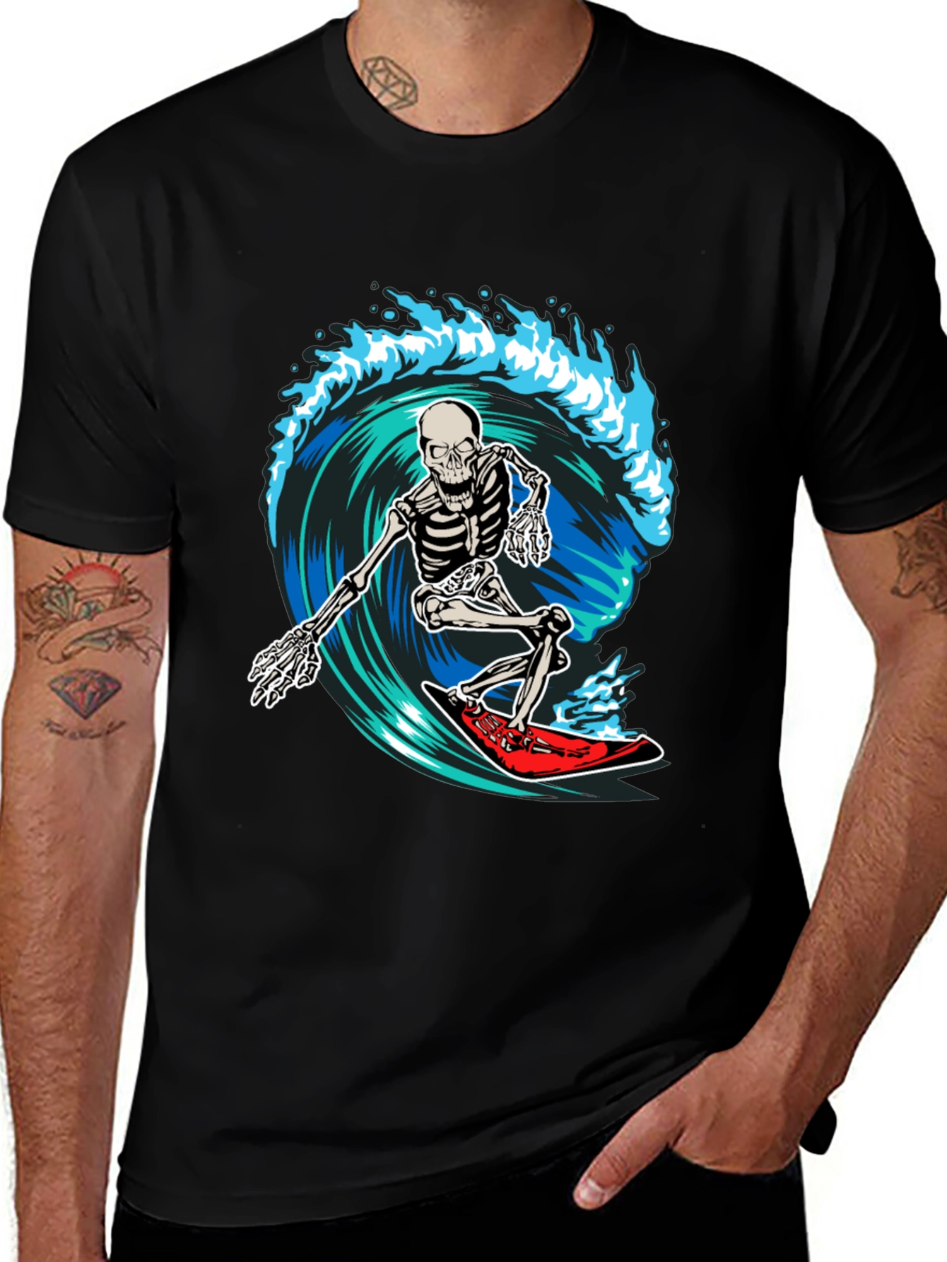Skeleton Surfing Wave Graphic T-Shirt