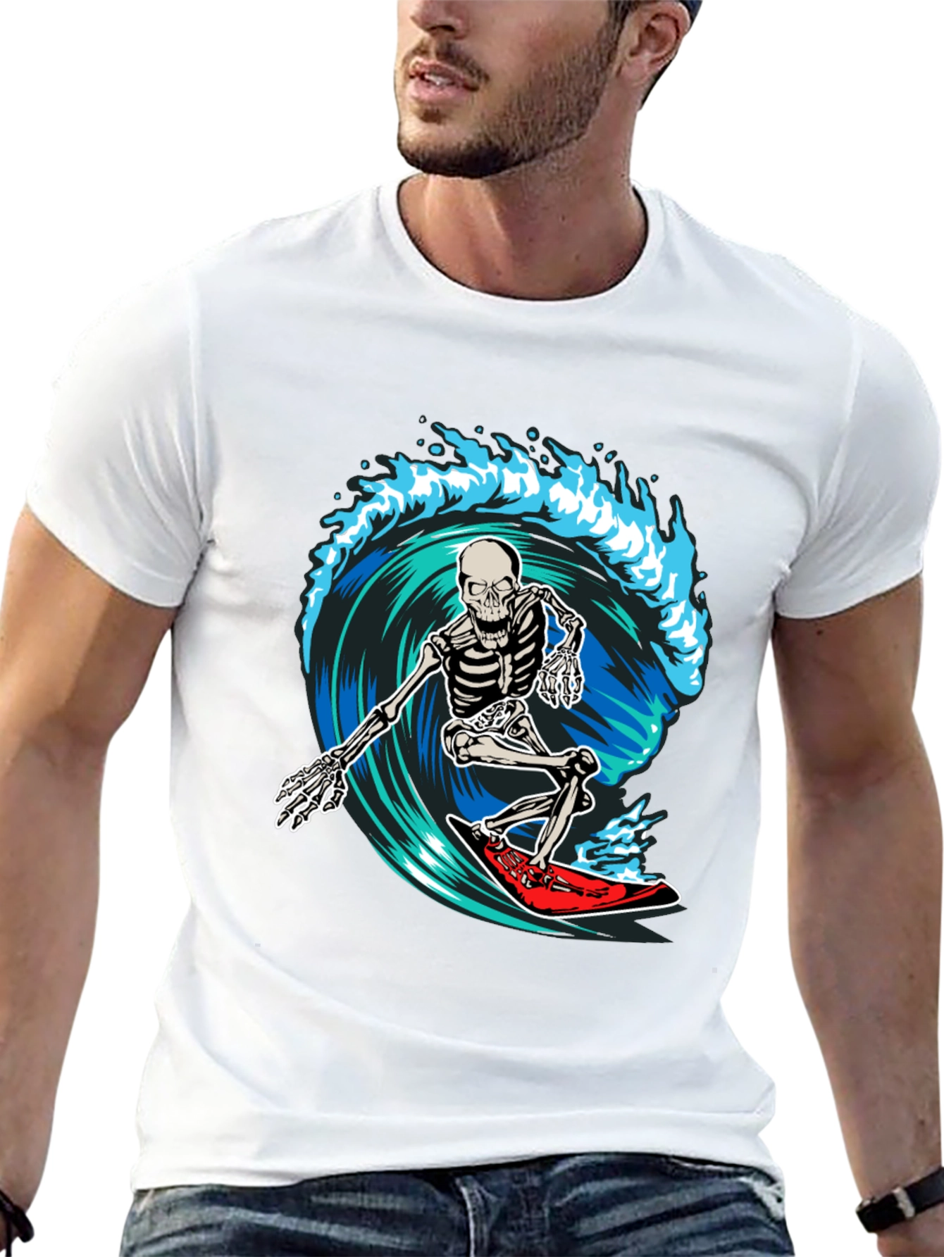 Skeleton Surfing Wave Graphic T-Shirt