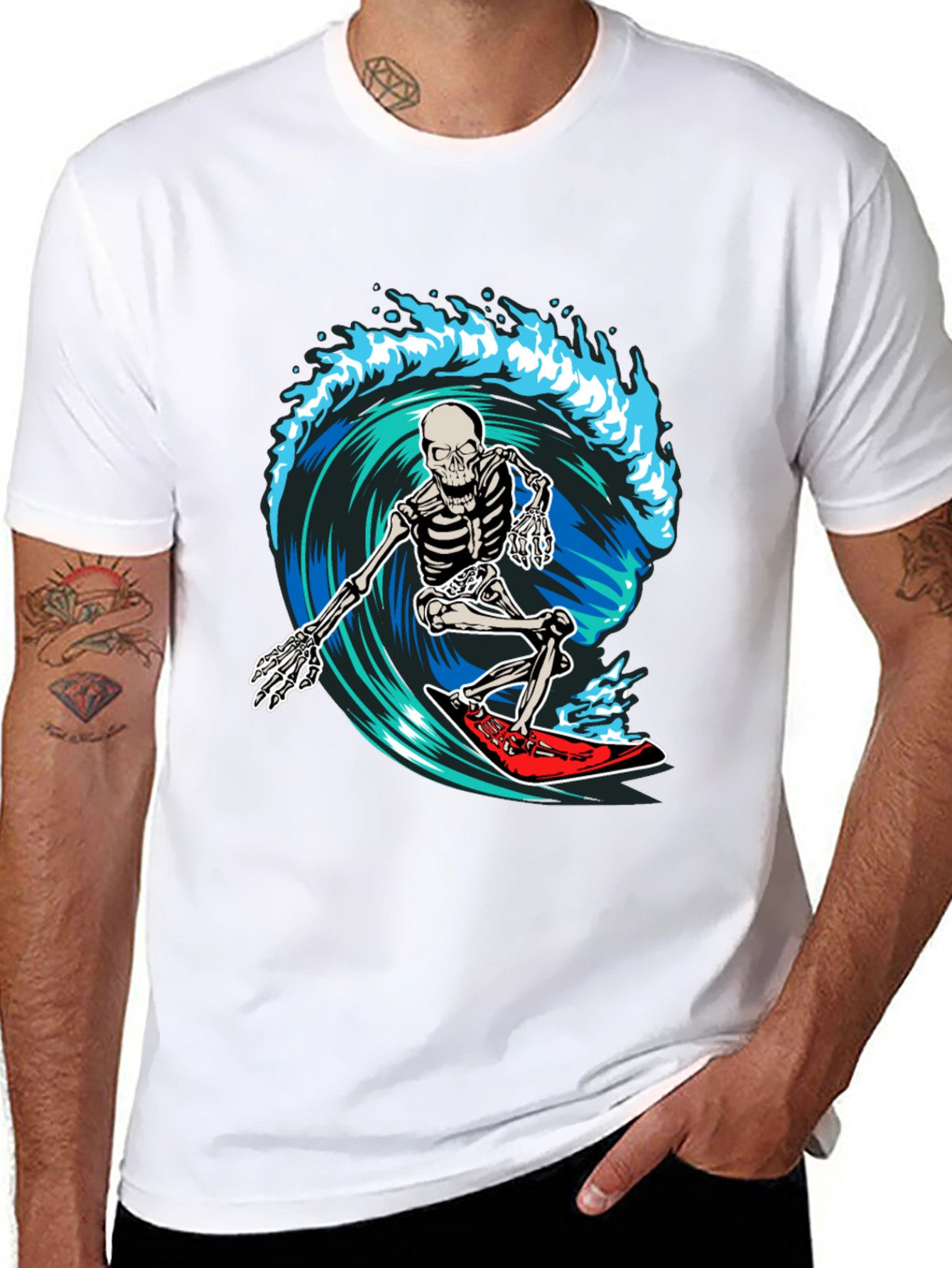 Skeleton Surfing Wave Graphic T-Shirt