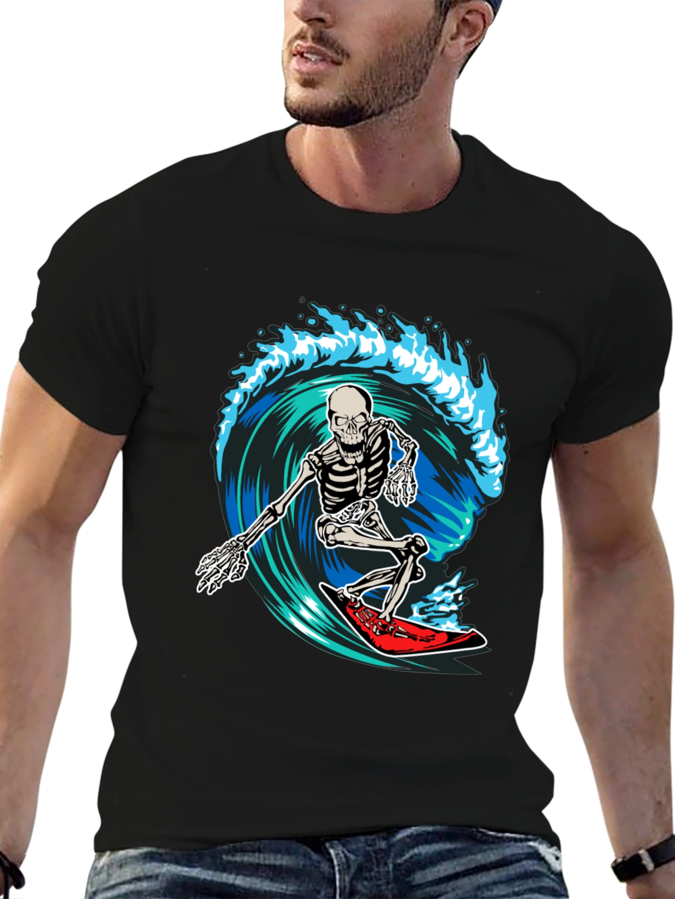 Skeleton Surfing Wave Graphic T-Shirt