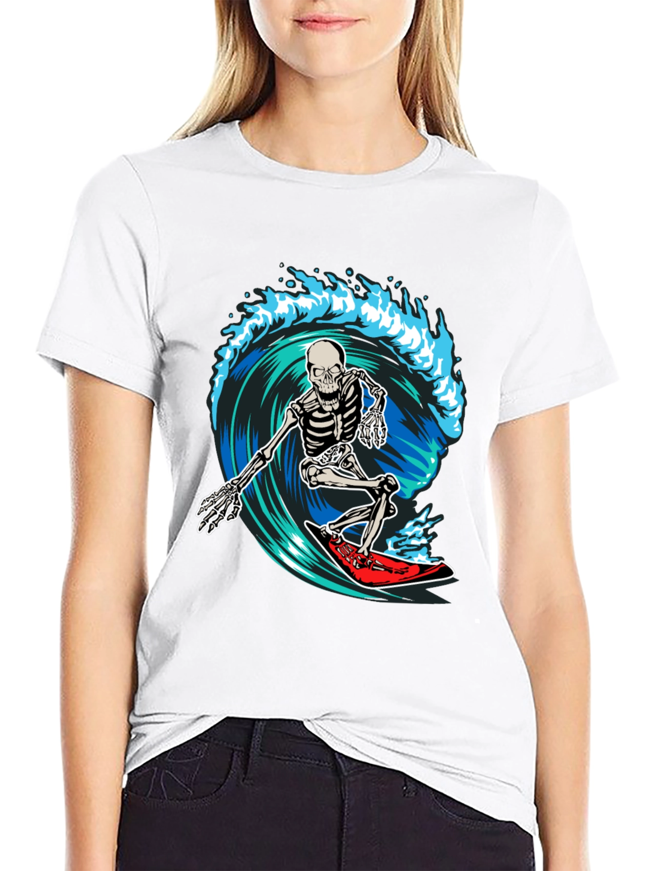 Skeleton Surfing Wave Graphic T-Shirt