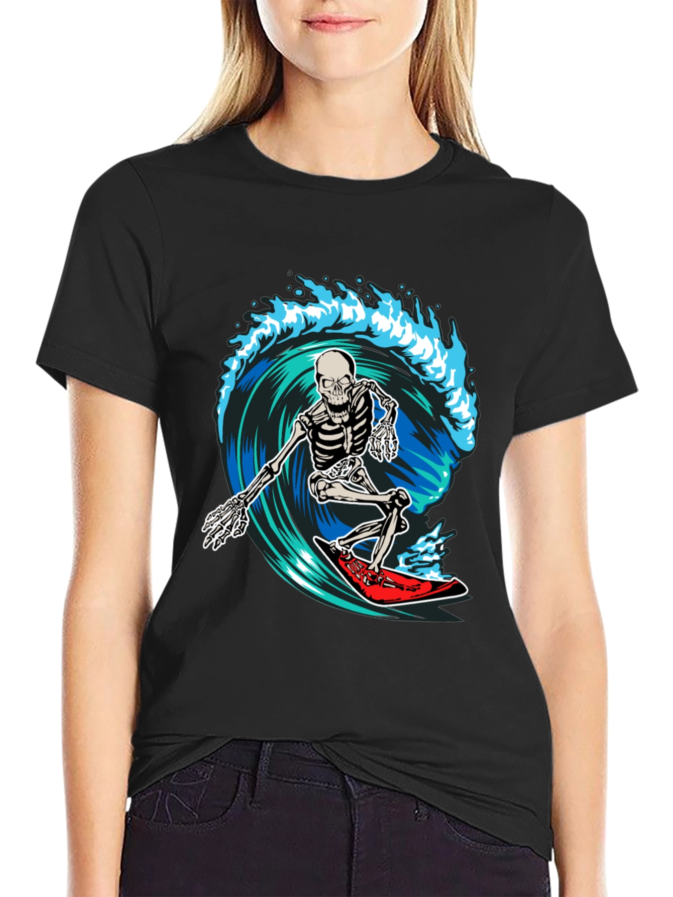 Skeleton Surfing Wave Graphic T-Shirt