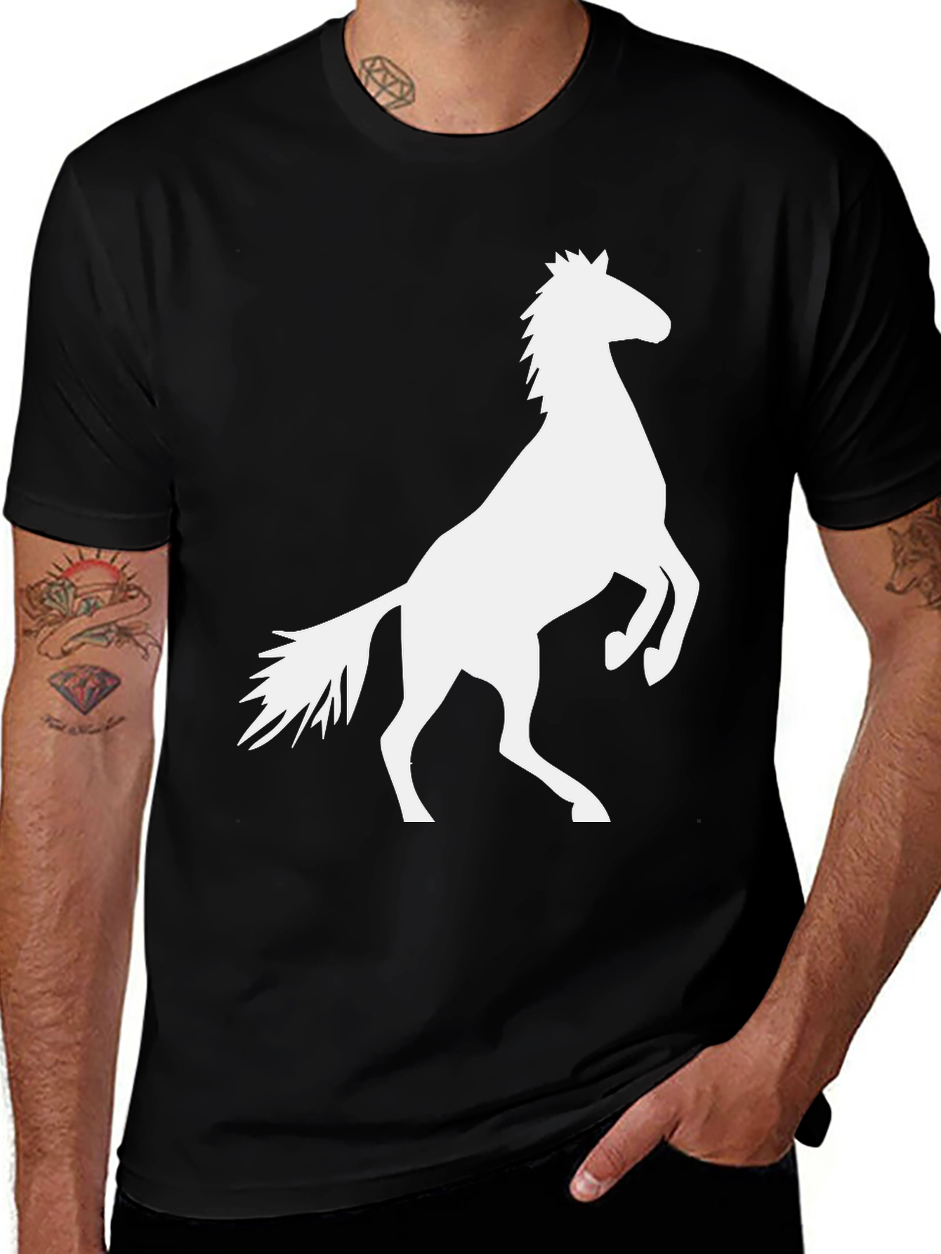 Black T-Shirt with White Horse Graphic