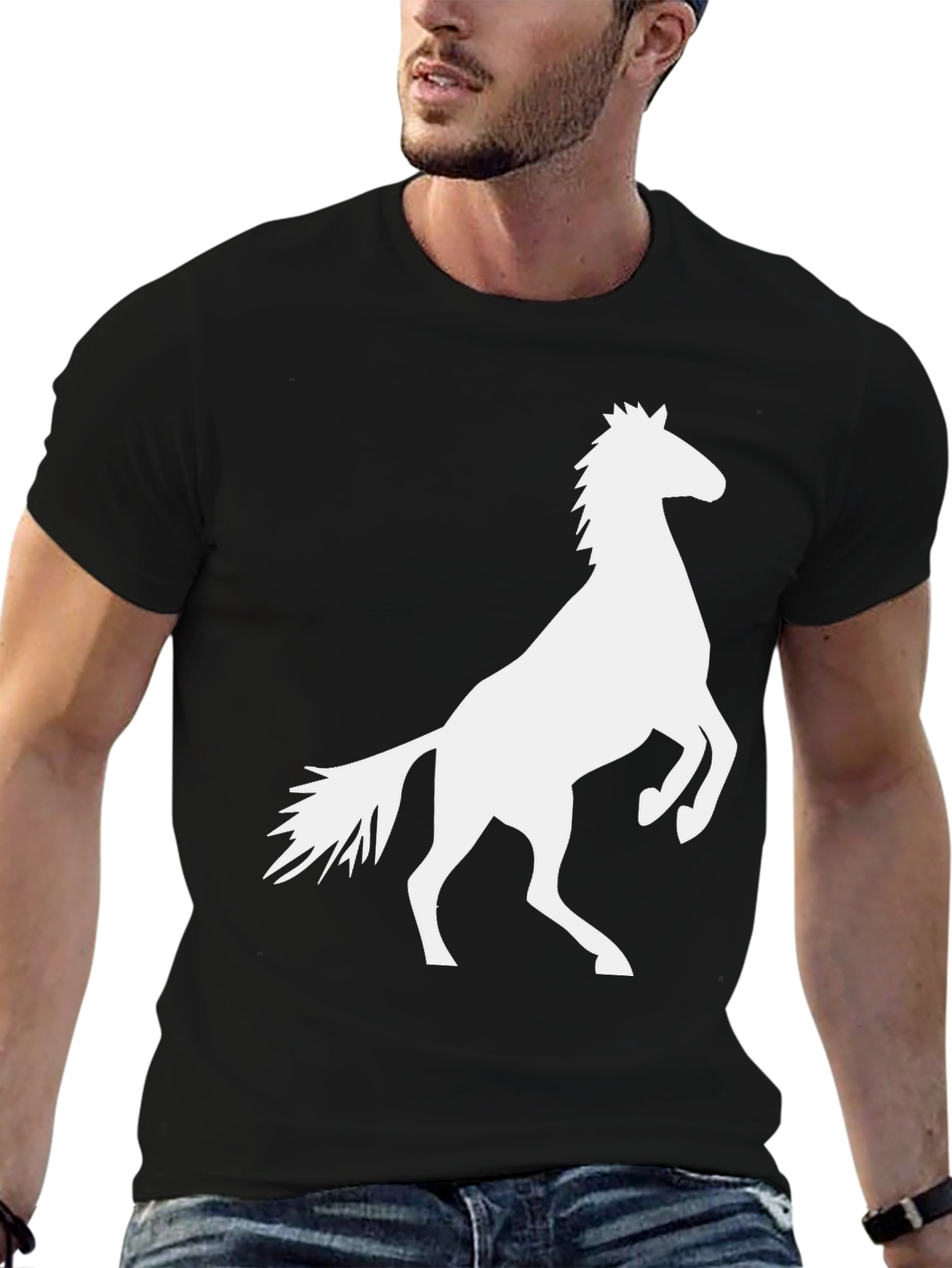 Black T-Shirt with White Horse Graphic