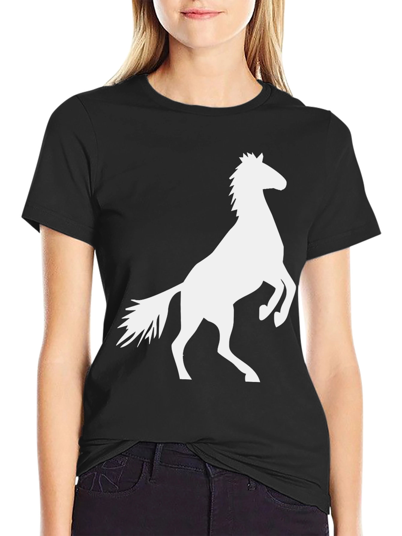 Black T-Shirt with White Horse Graphic