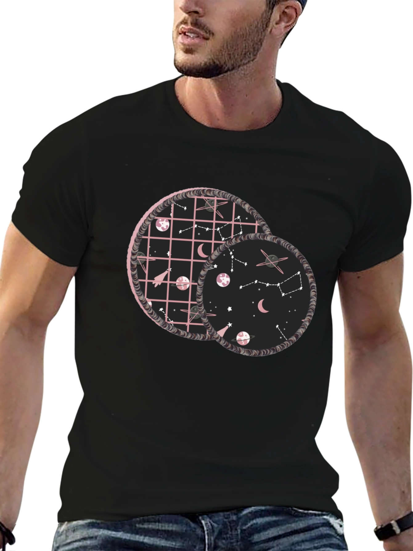 Celestial Circles Graphic Tee - Black Cotton Comfort