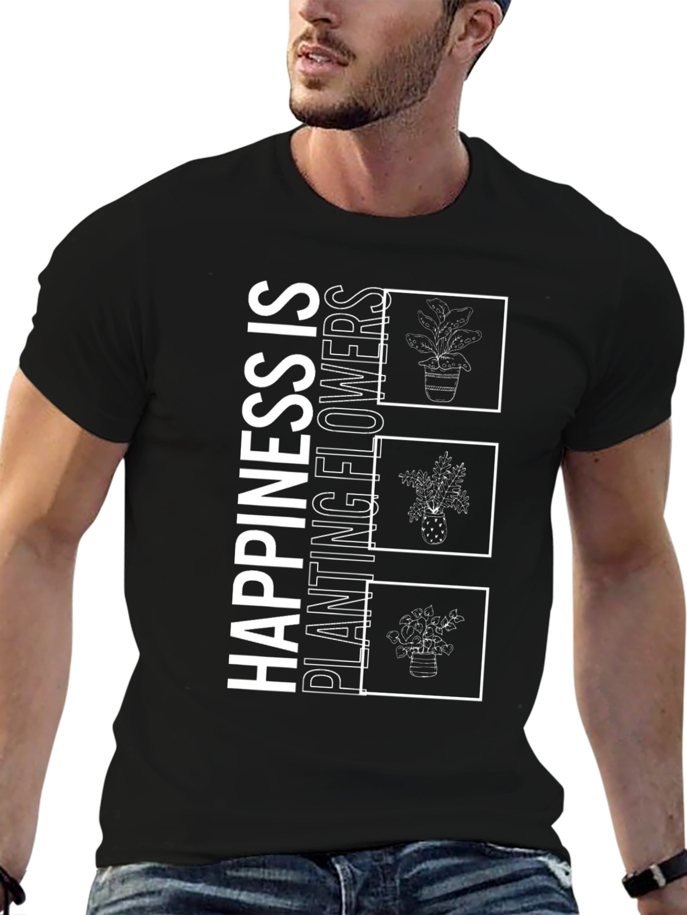 Happiness is Planting Flowers Black T-Shirt