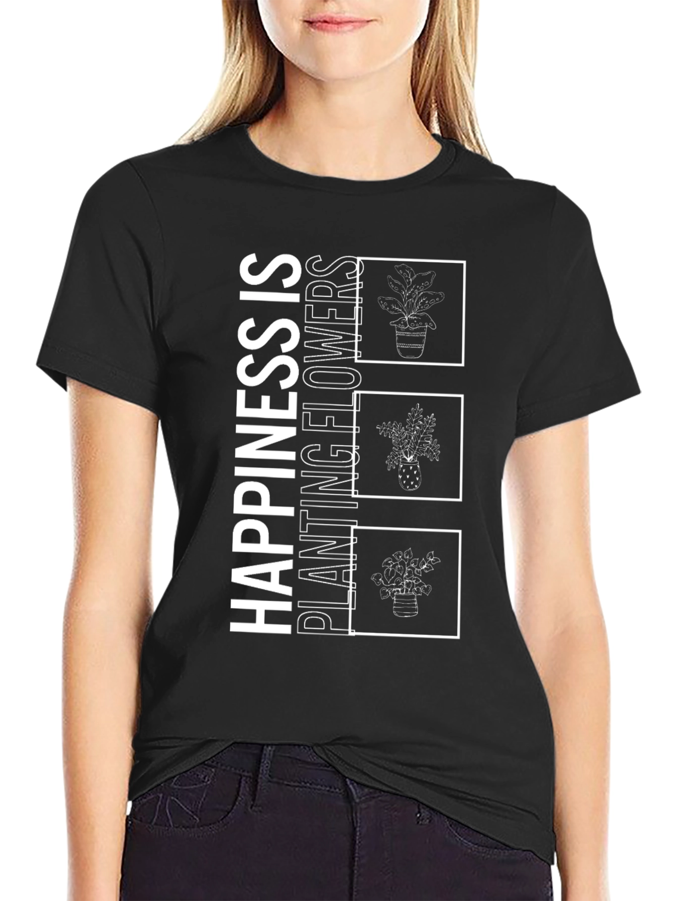 Happiness is Planting Flowers Black T-Shirt