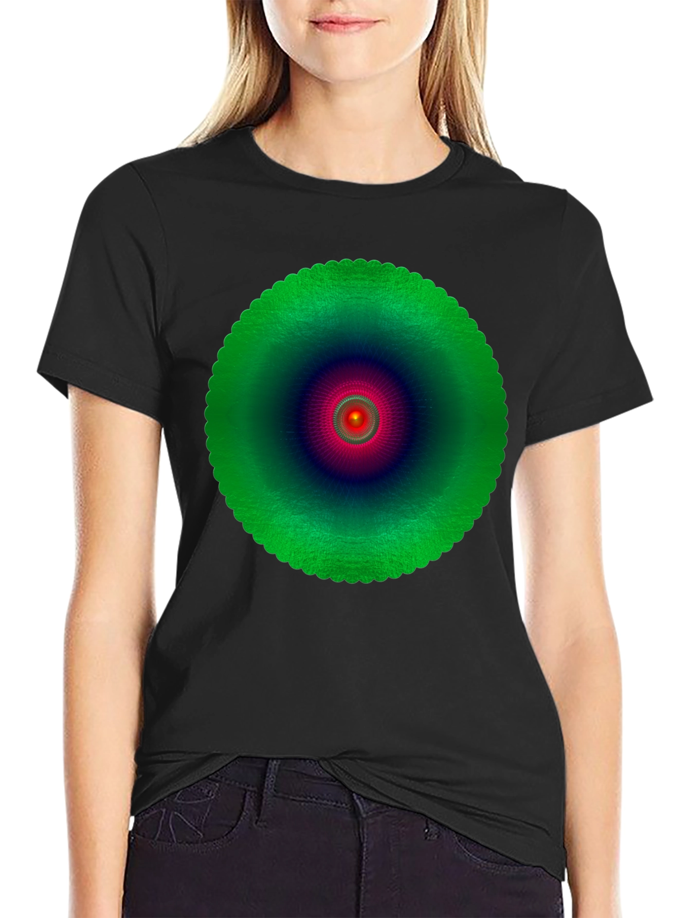 Abstract Green Mandala Graphic Black T-Shirt