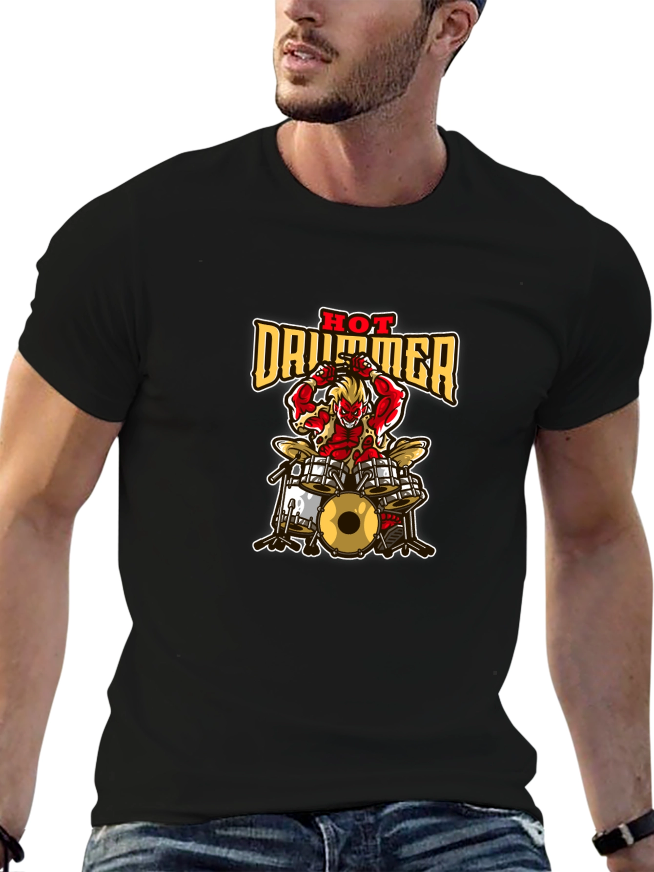 Hot Drummer Graphic Print Black T-Shirt