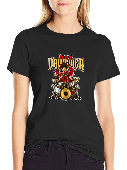 Hot Drummer Graphic Print Black T-Shirt
