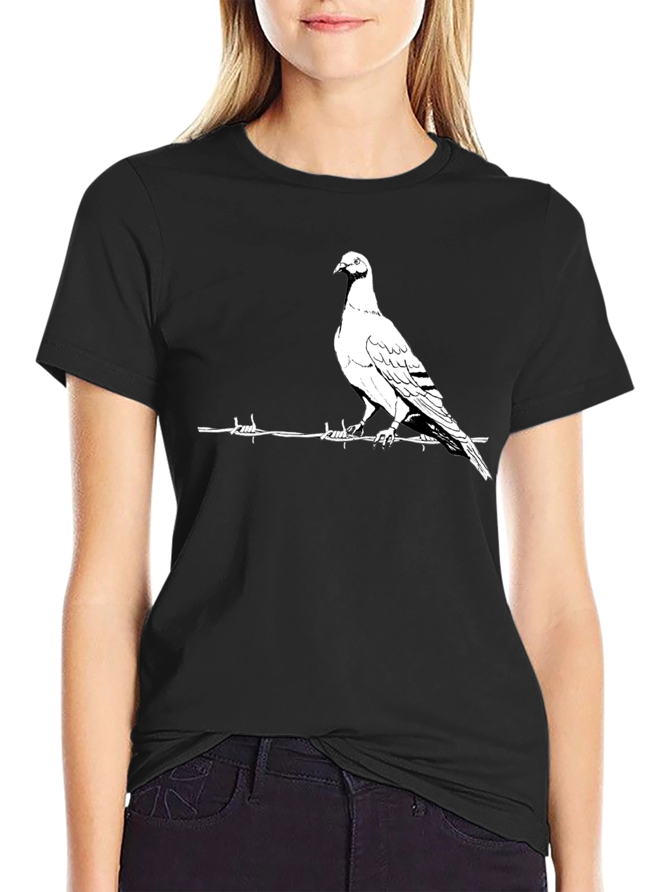 Pigeon on Wire Graphic T-Shirt - Black Cotton Tee