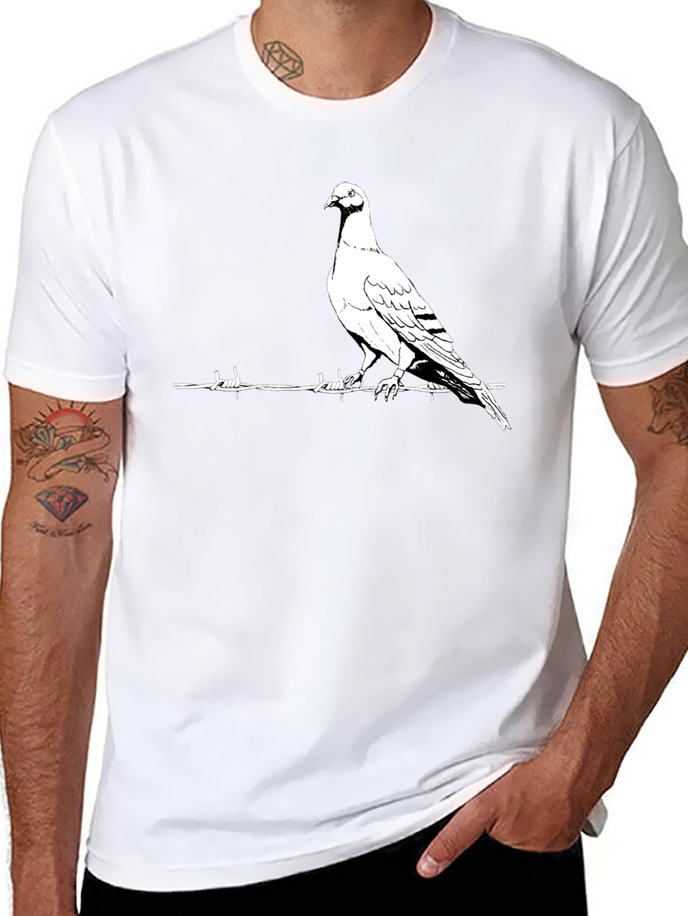 Pigeon on Wire Graphic T-Shirt - Black Cotton Tee
