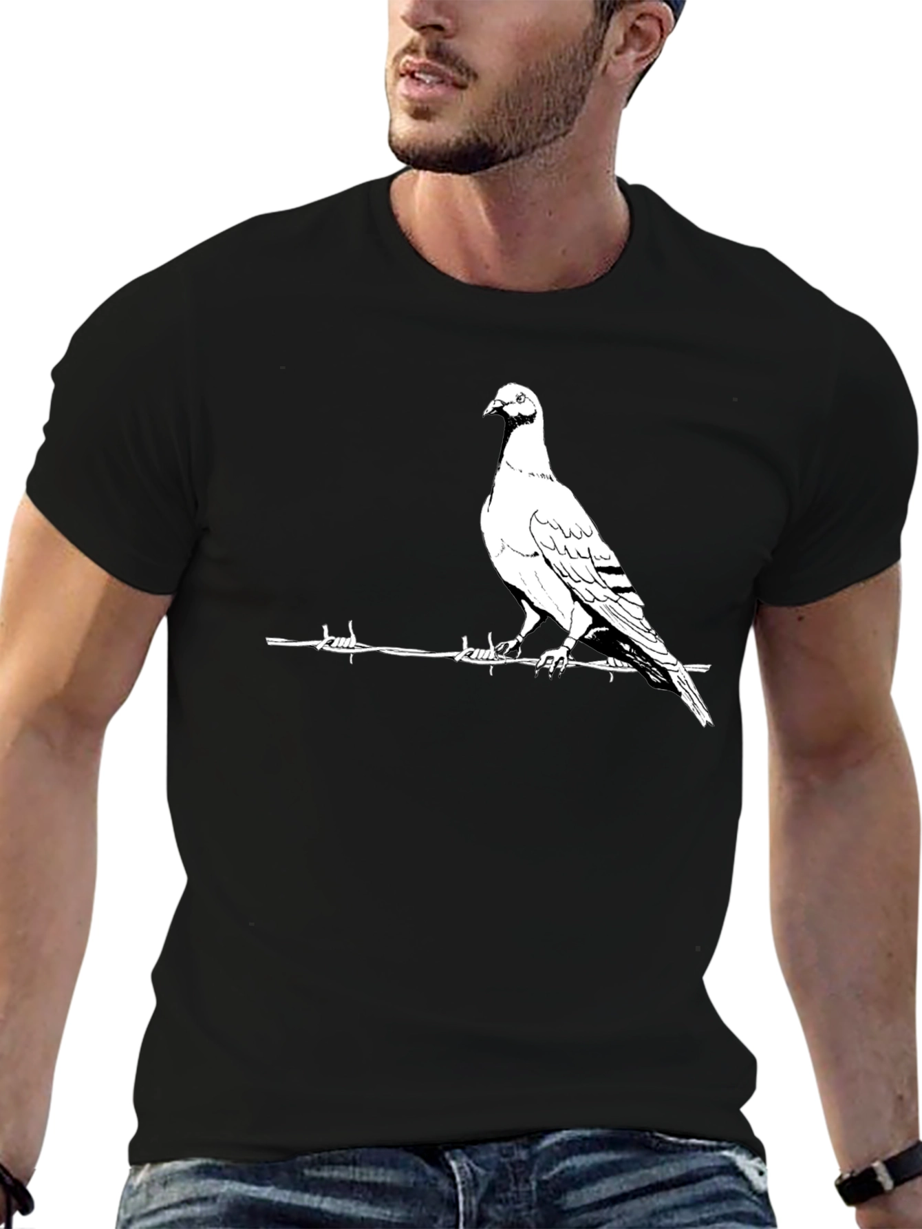 Pigeon on Wire Graphic T-Shirt - Black Cotton Tee