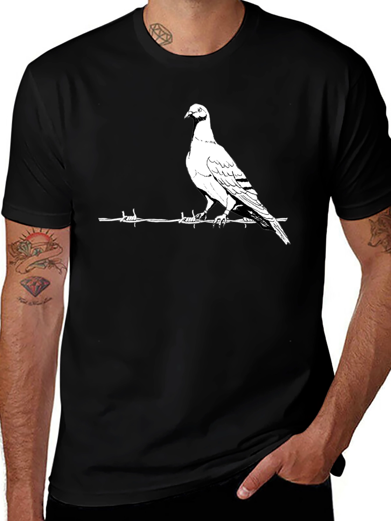 Pigeon on Wire Graphic T-Shirt - Black Cotton Tee