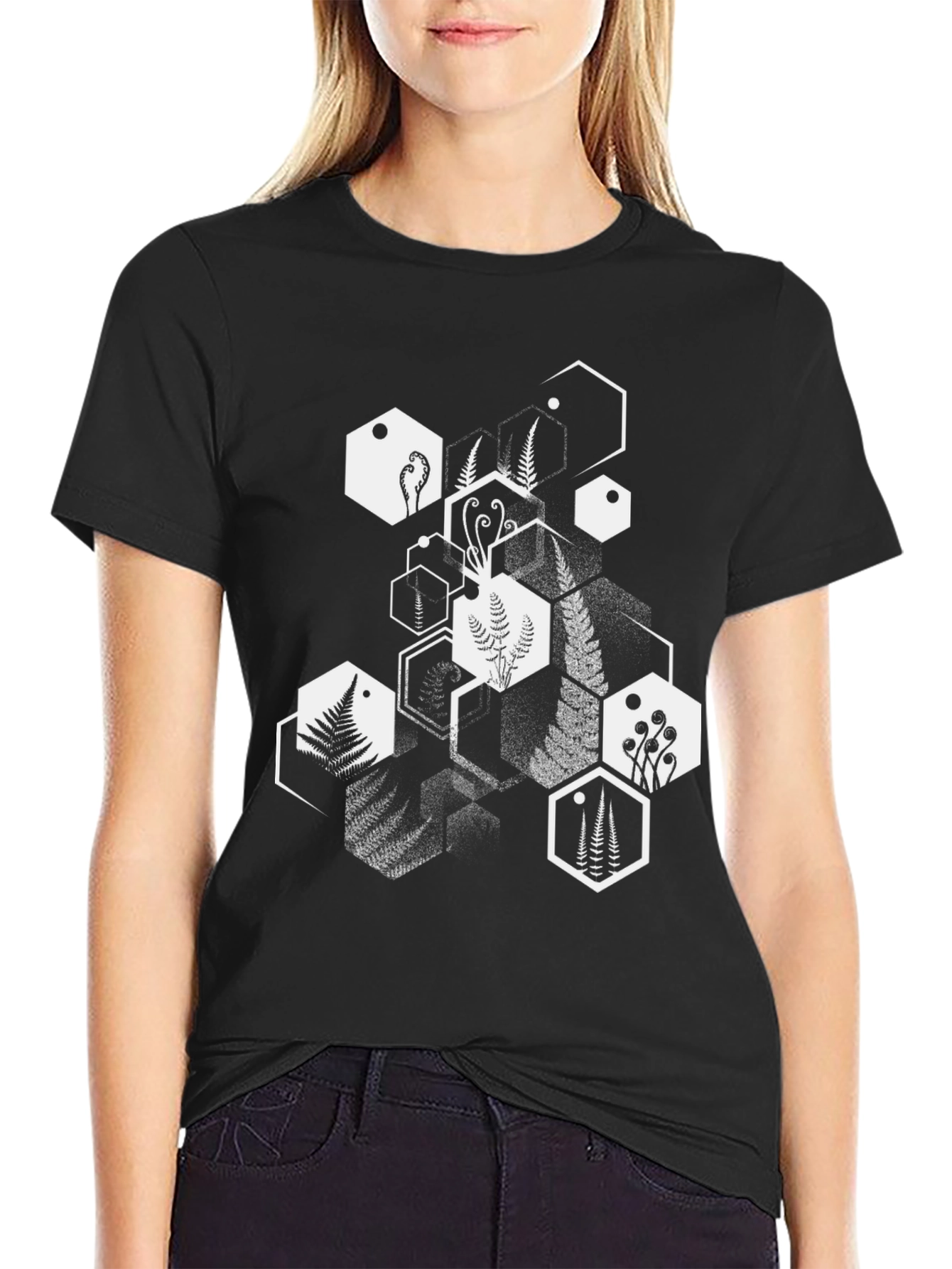 Geometric Fern Print Black T-Shirt