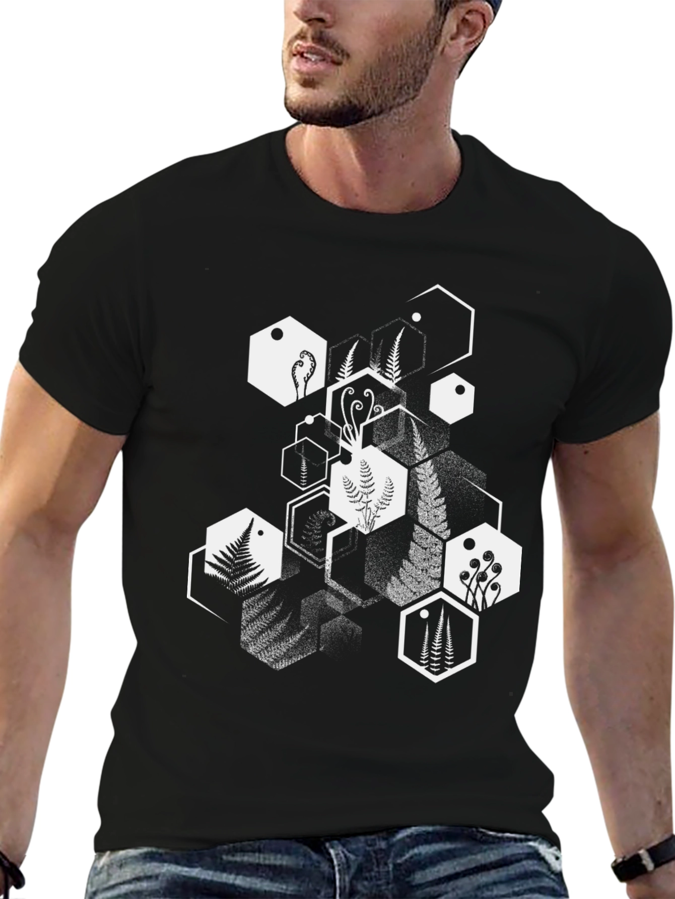 Geometric Fern Print Black T-Shirt