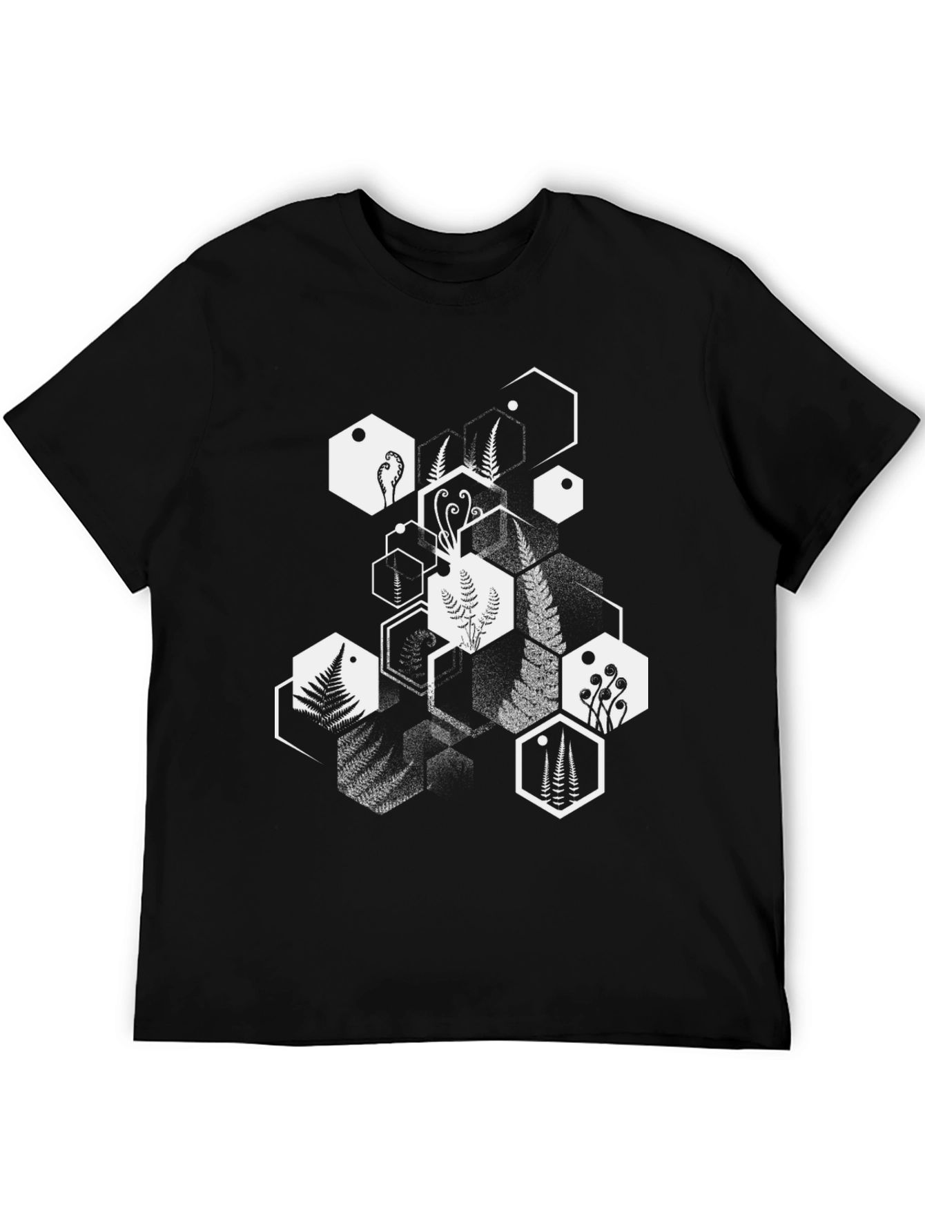 Geometric Fern Print Black T-Shirt