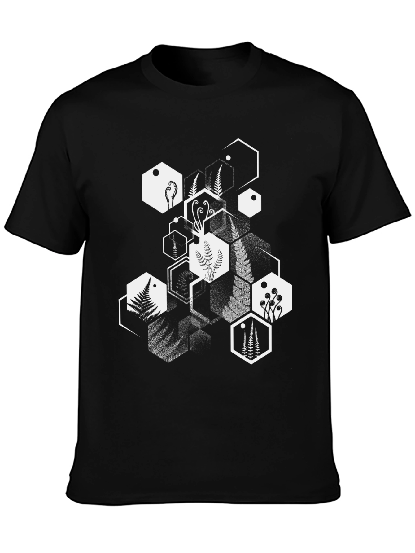 Geometric Fern Print Black T-Shirt