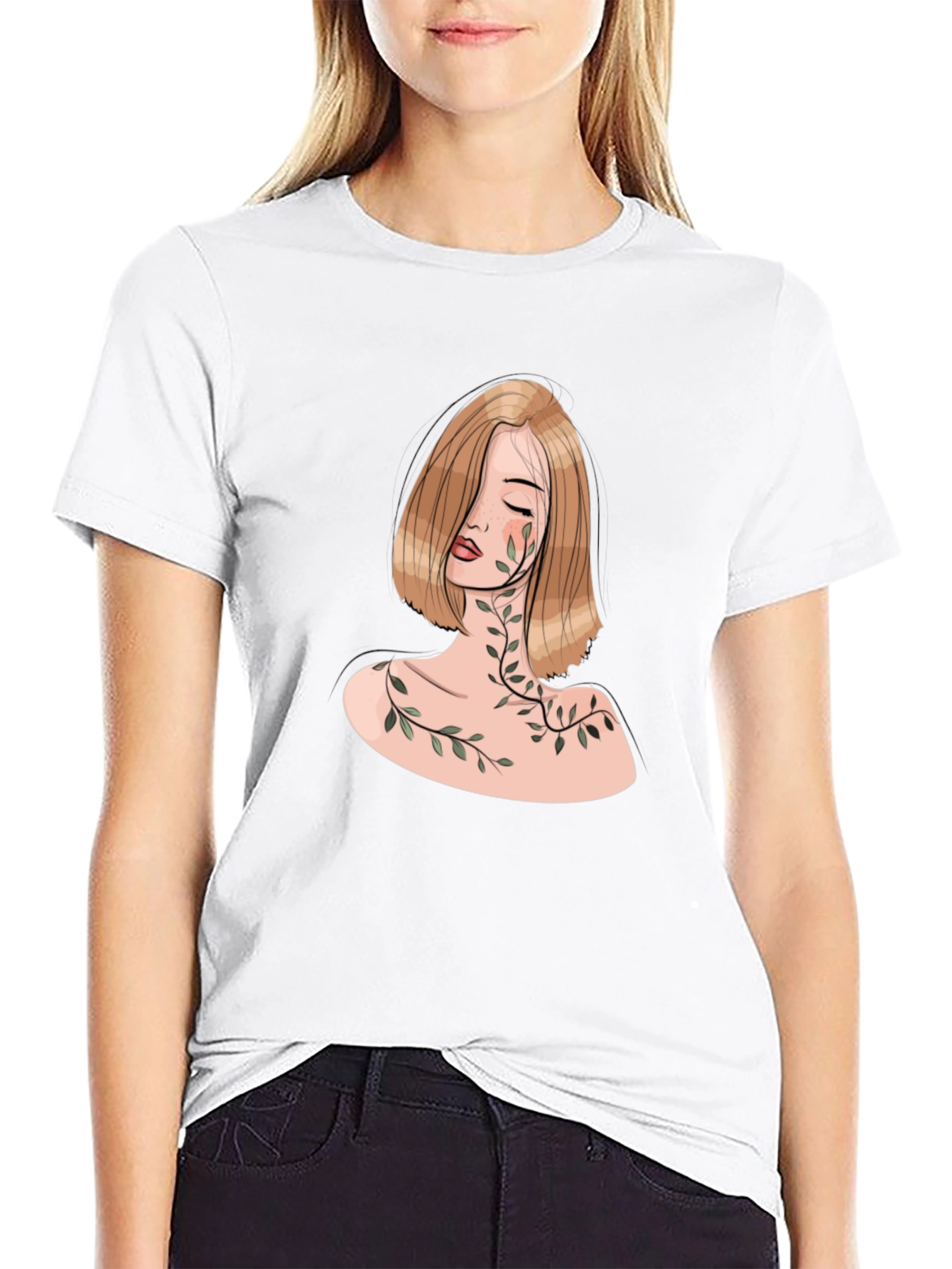Botanical Woman Graphic Tee - Elegant Black T-Shirt