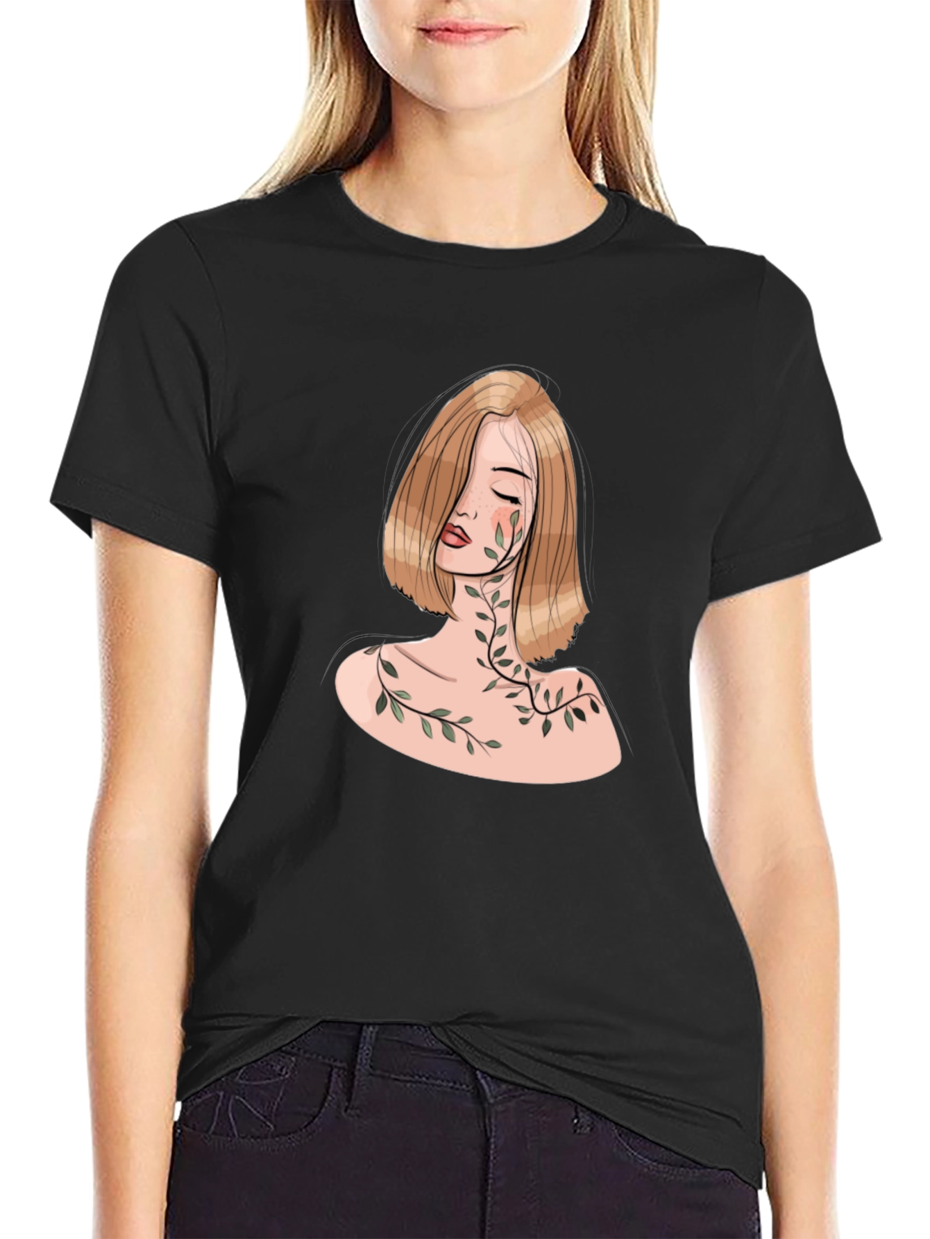 Botanical Woman Graphic Tee - Elegant Black T-Shirt
