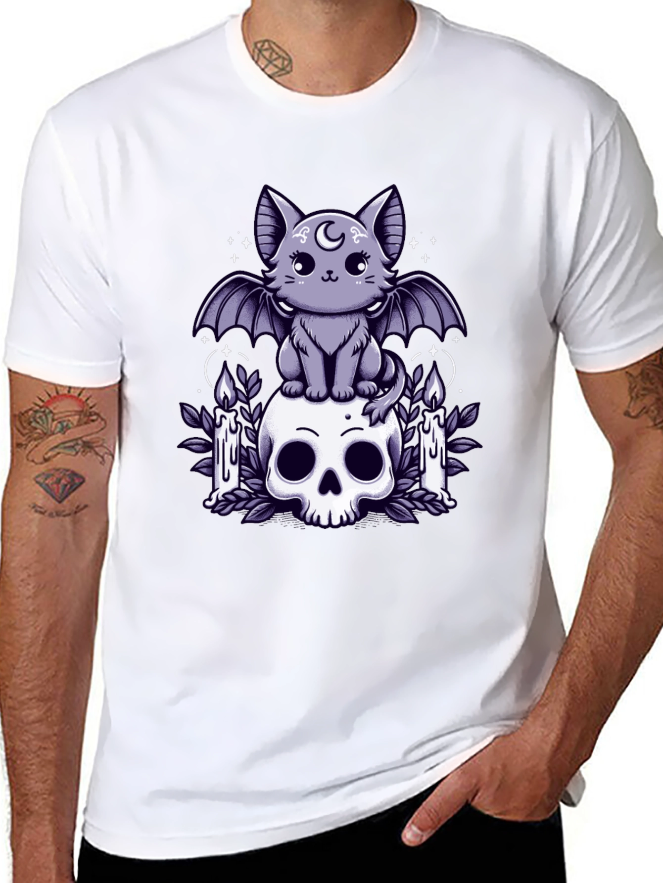 Gothic Bat Cat Skull T-Shirt - Spooky Cute Design