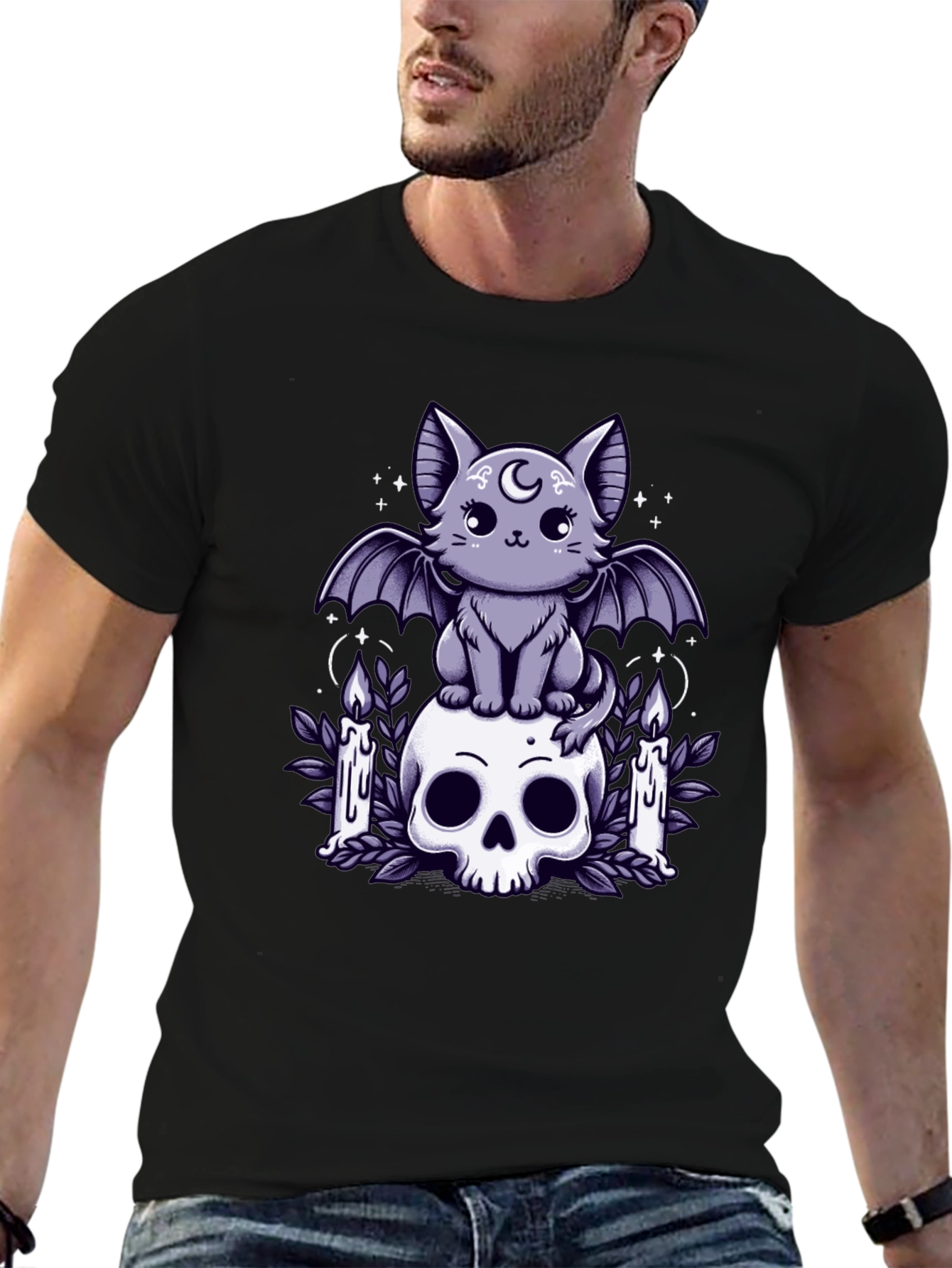 Gothic Bat Cat Skull T-Shirt - Spooky Cute Design