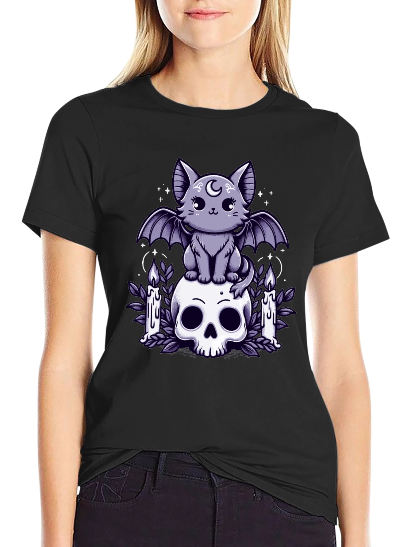 Gothic Bat Cat Skull T-Shirt - Spooky Cute Design