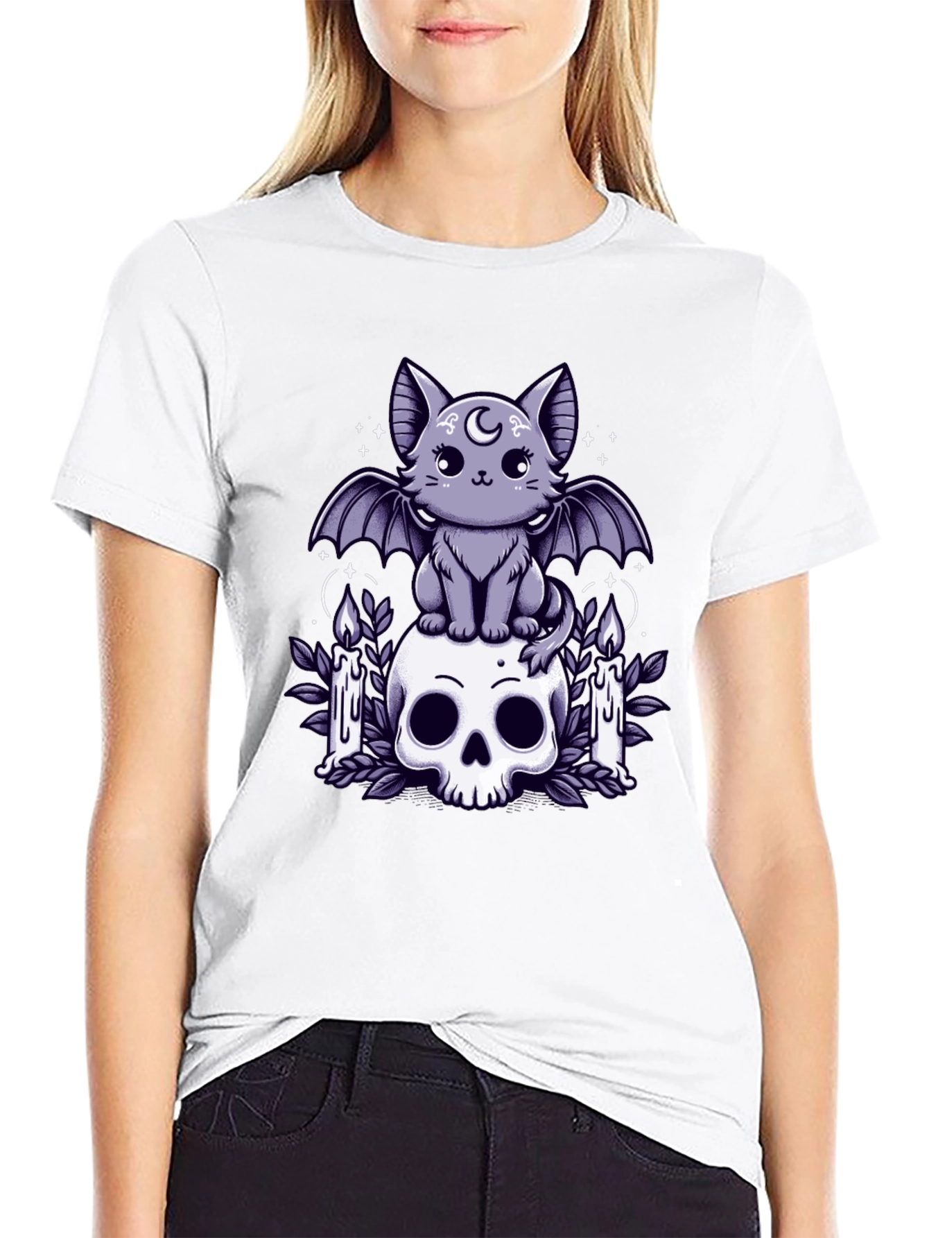 Gothic Bat Cat Skull T-Shirt - Spooky Cute Design