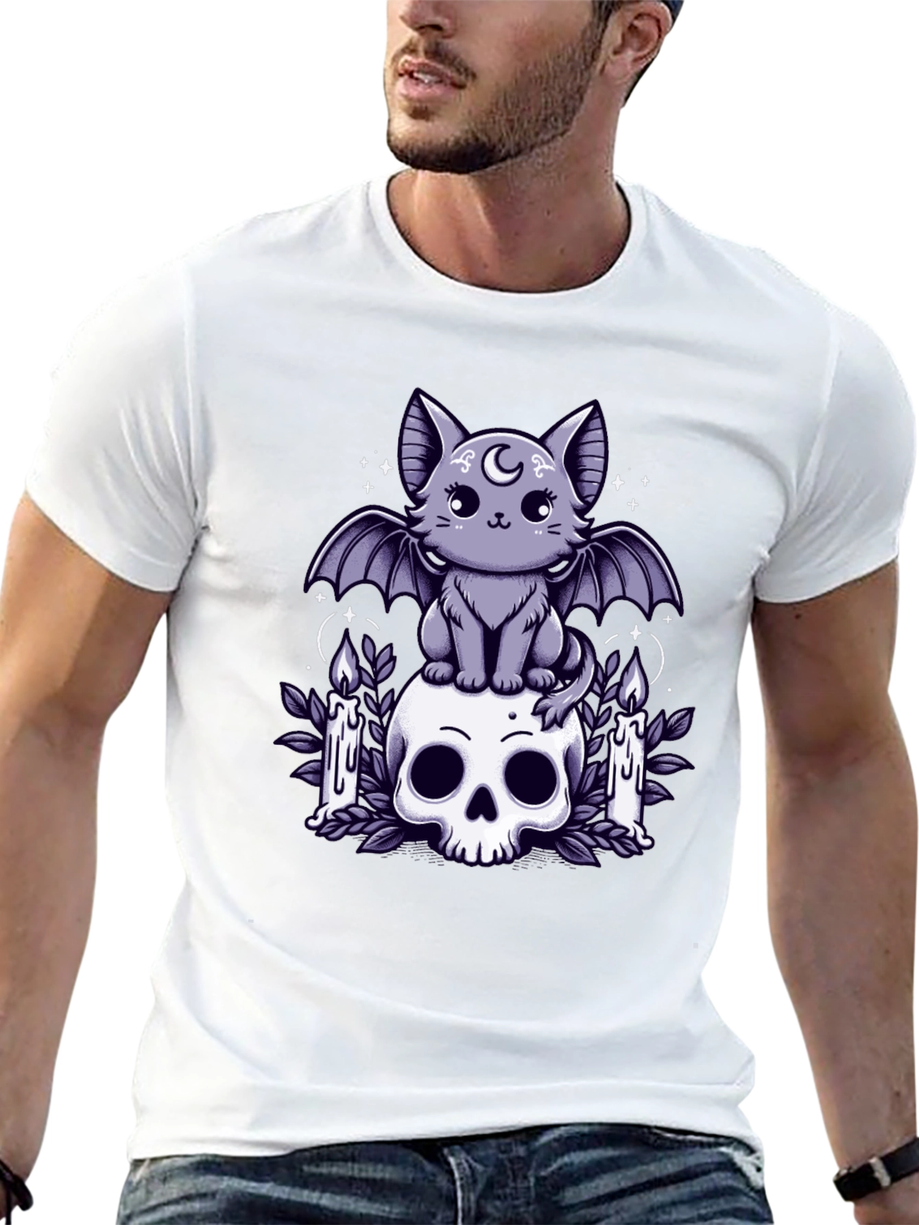 Gothic Bat Cat Skull T-Shirt - Spooky Cute Design
