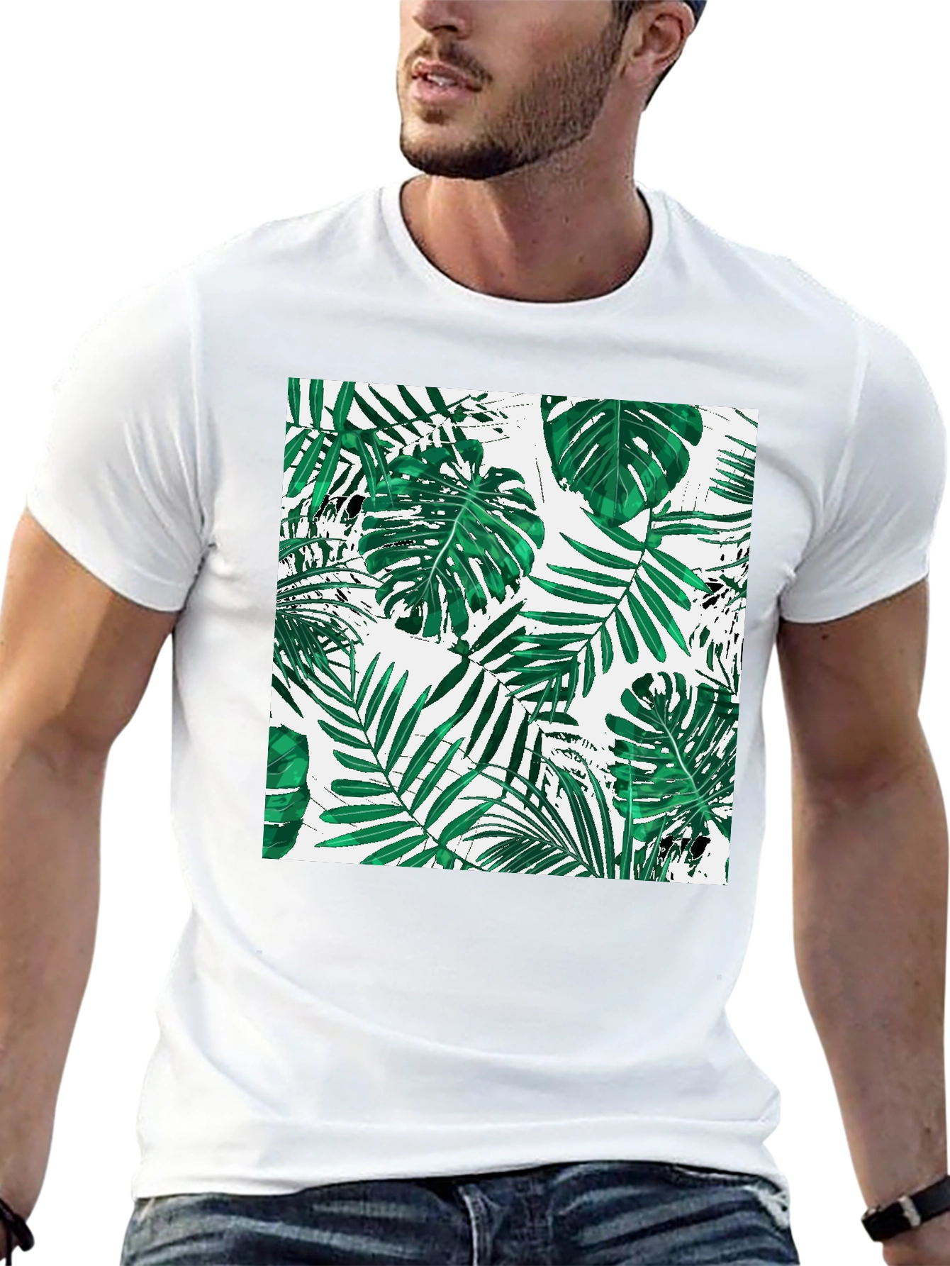 Tropical Leaf Print Black T-Shirt