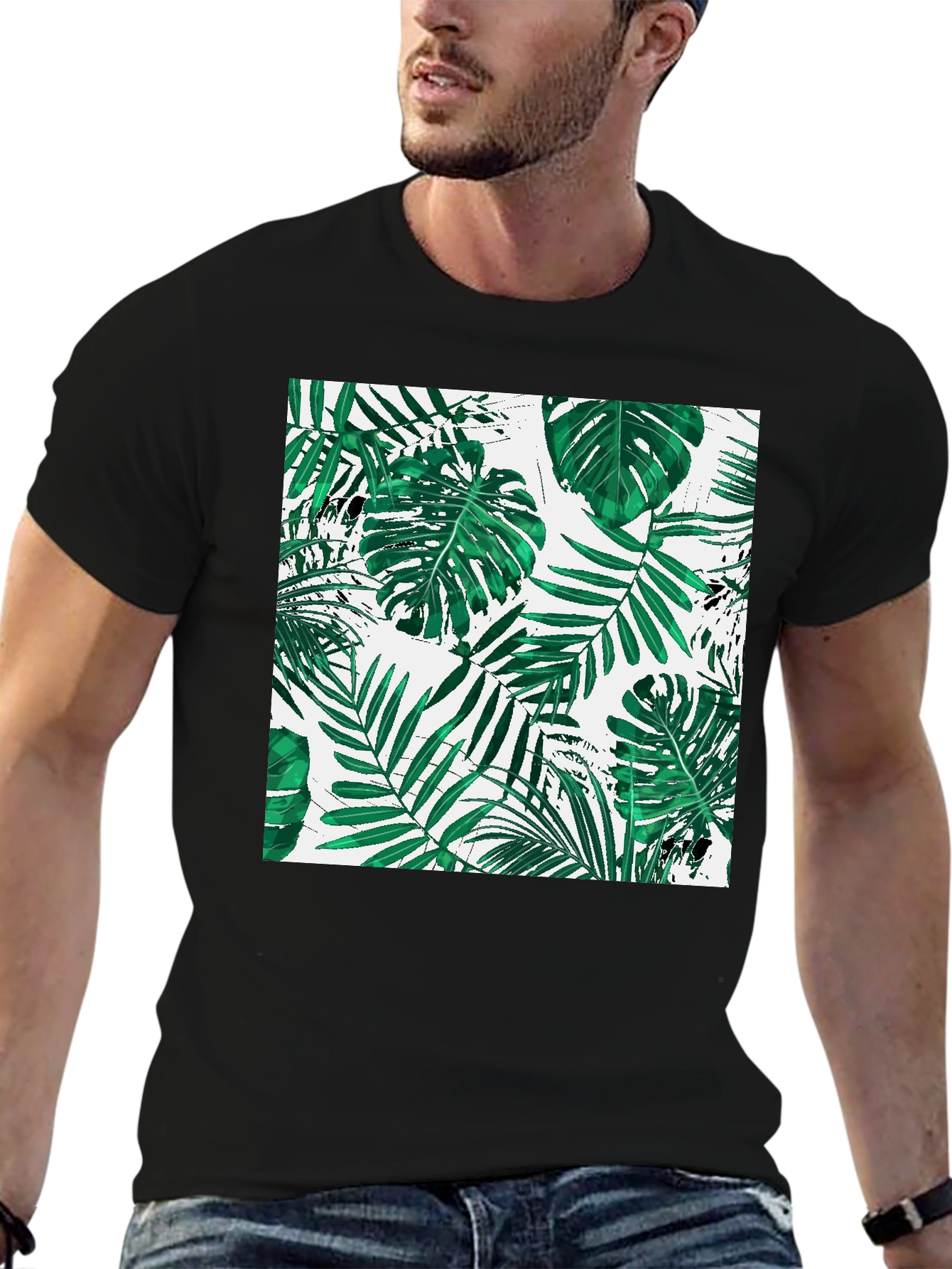 Tropical Leaf Print Black T-Shirt