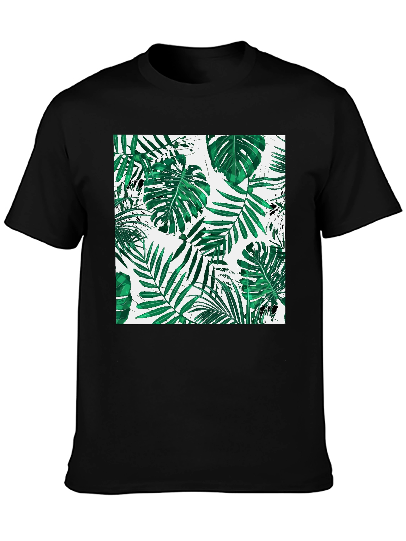 Tropical Leaf Print Black T-Shirt