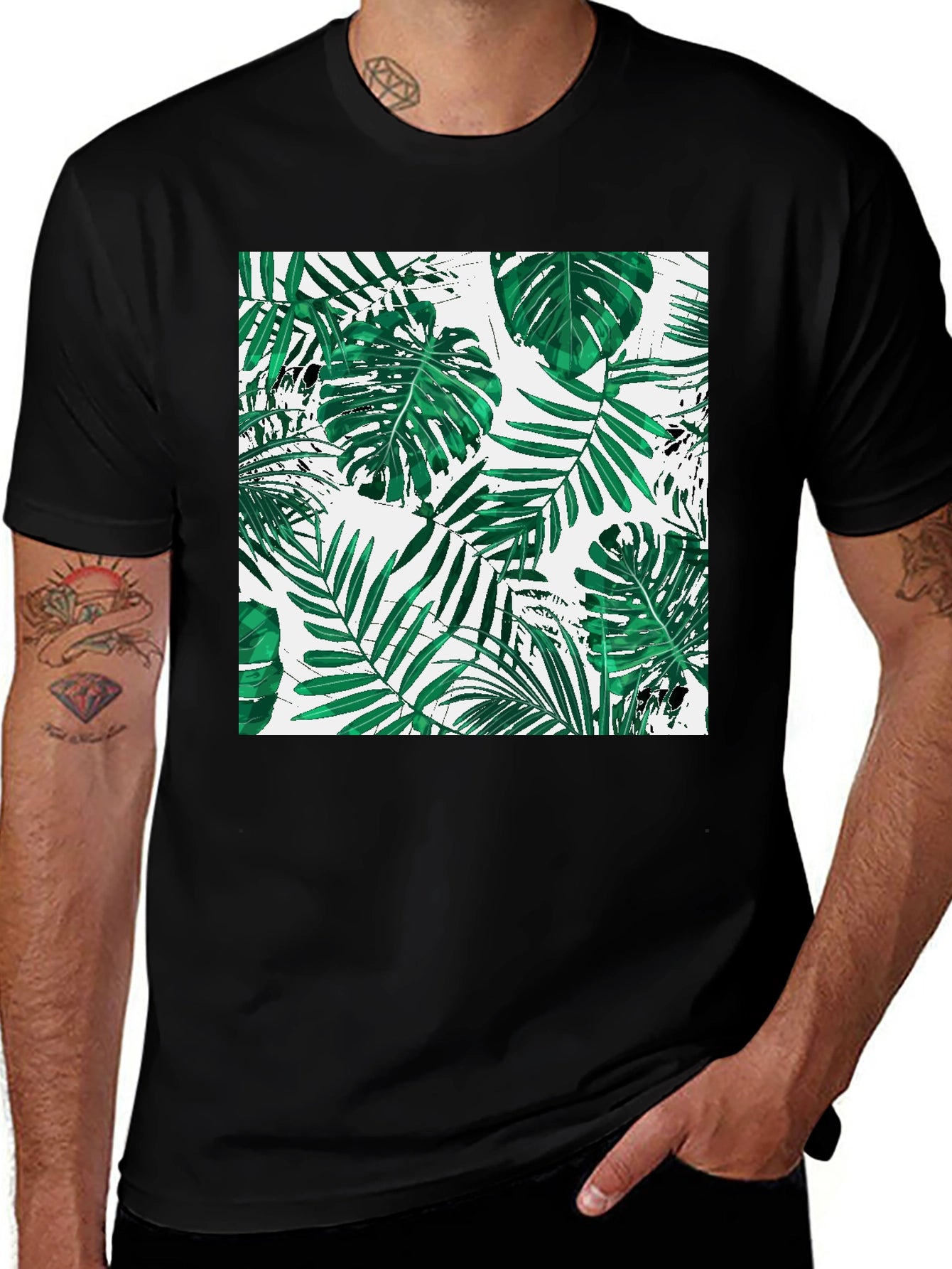 Tropical Leaf Print Black T-Shirt
