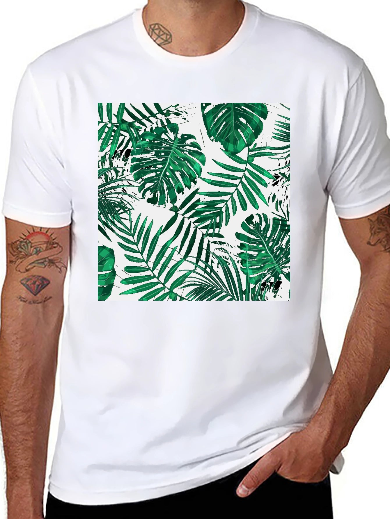 Tropical Leaf Print Black T-Shirt