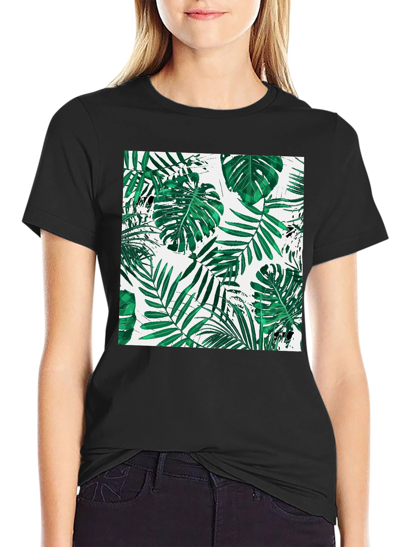 Tropical Leaf Print Black T-Shirt