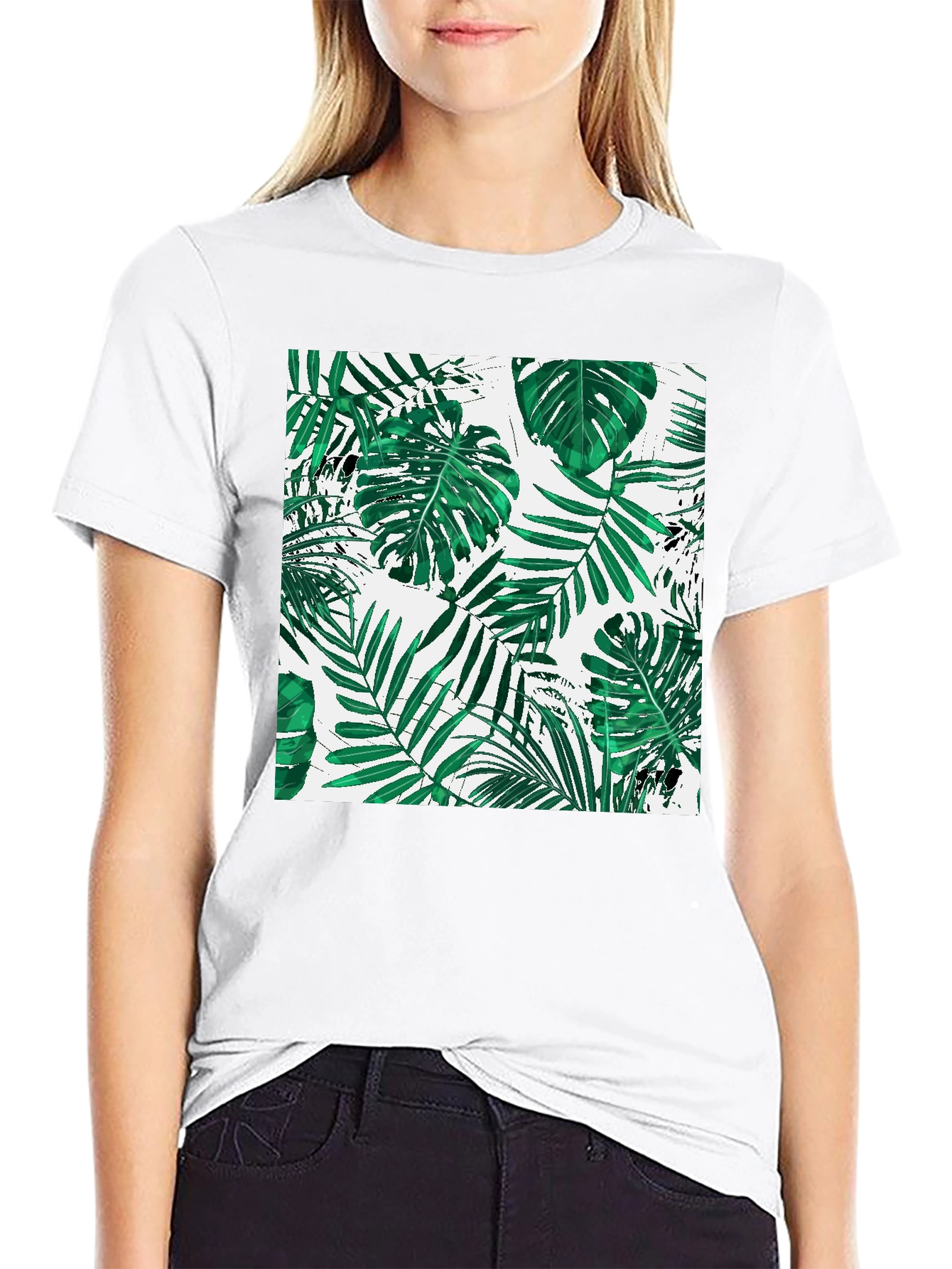 Tropical Leaf Print Black T-Shirt