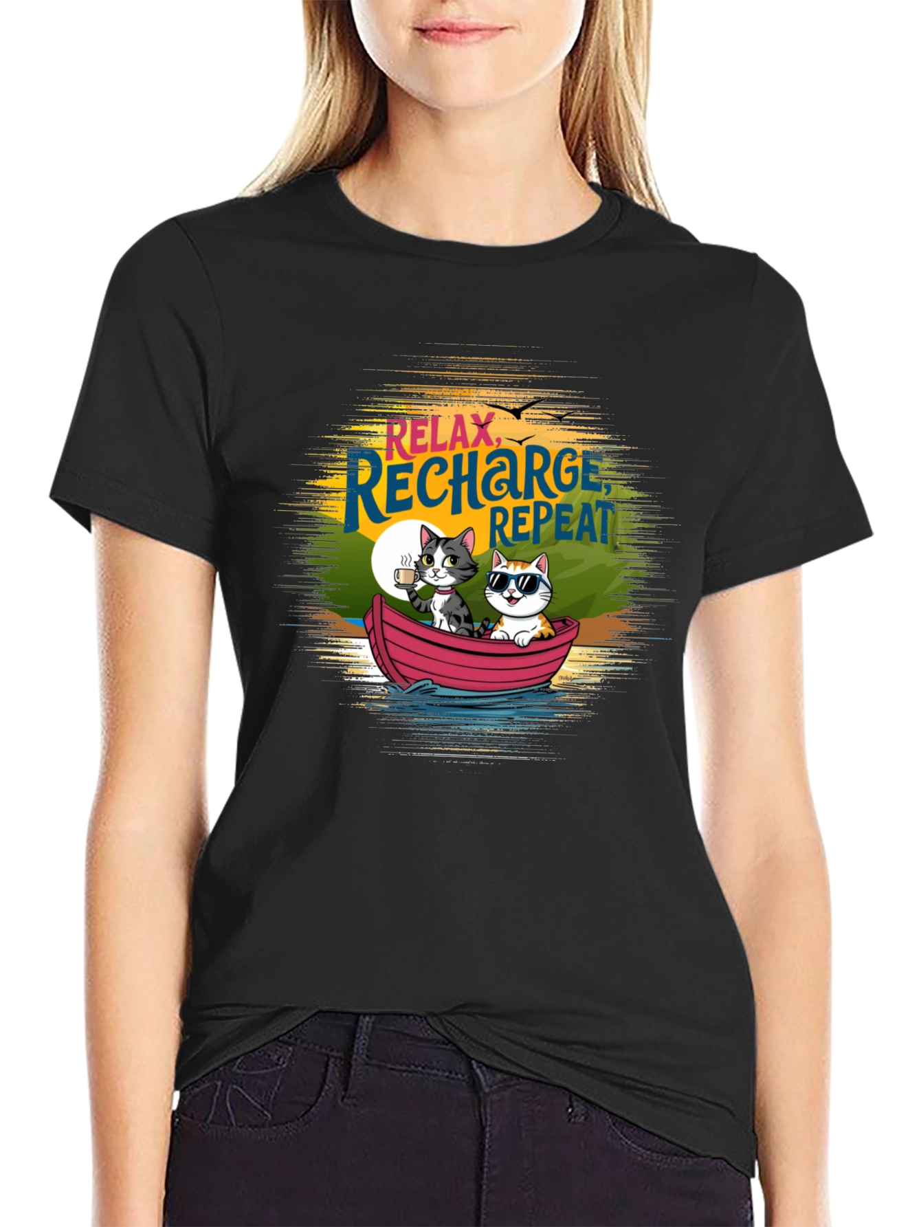 Relax Recharge Repeat Cats Boat T-Shirt