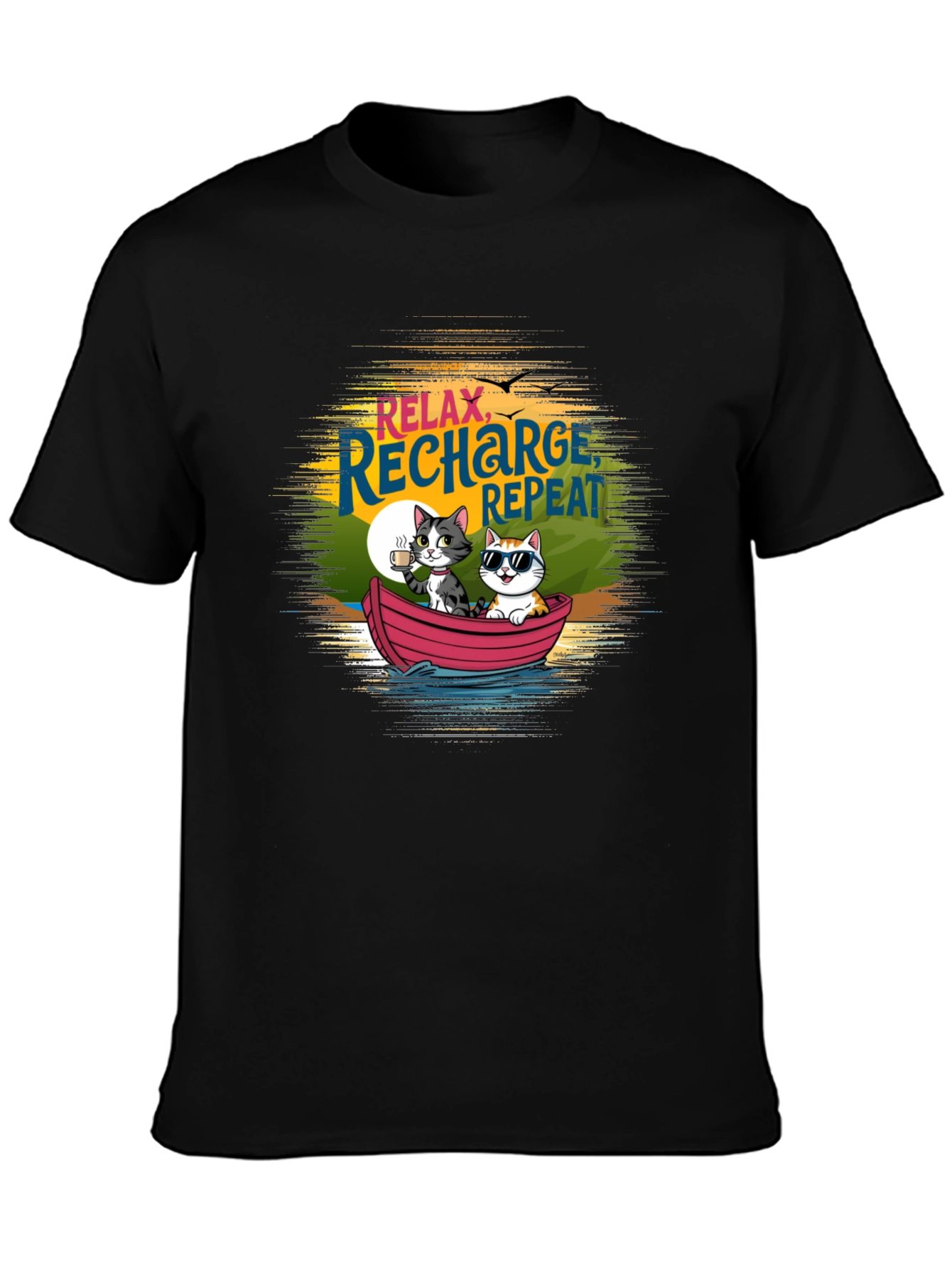 Relax Recharge Repeat Cats Boat T-Shirt