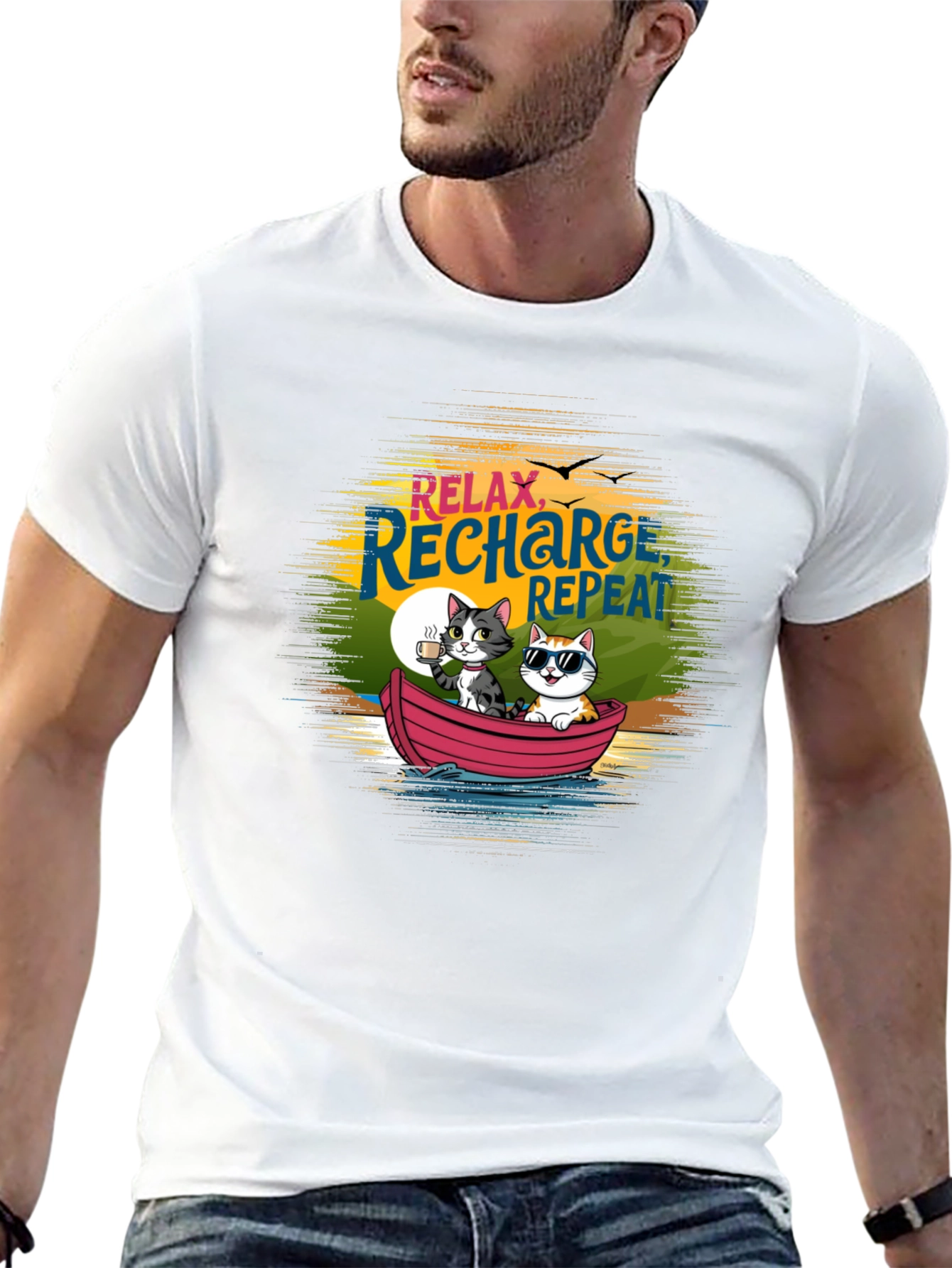 Relax Recharge Repeat Cats Boat T-Shirt