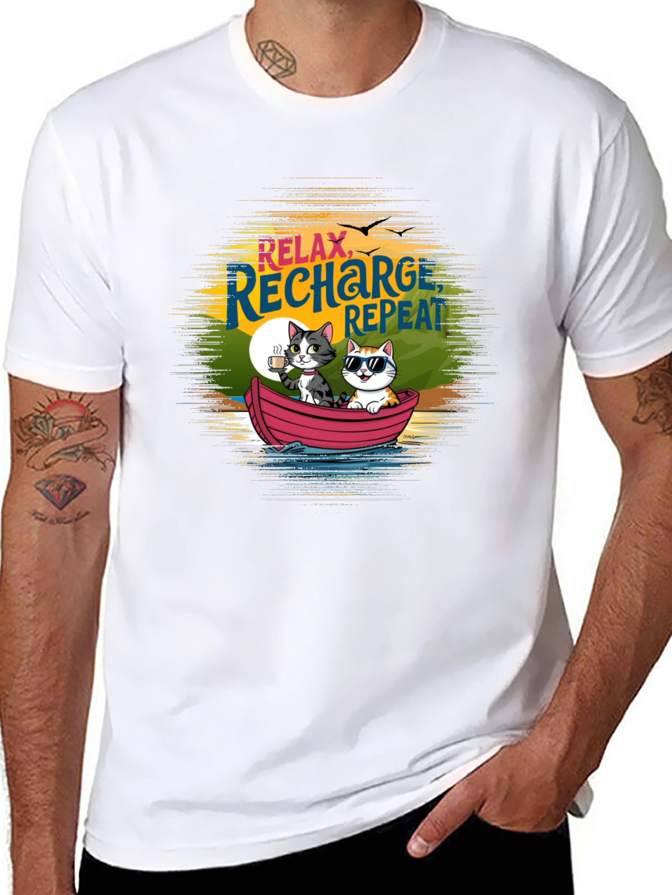 Relax Recharge Repeat Cats Boat T-Shirt