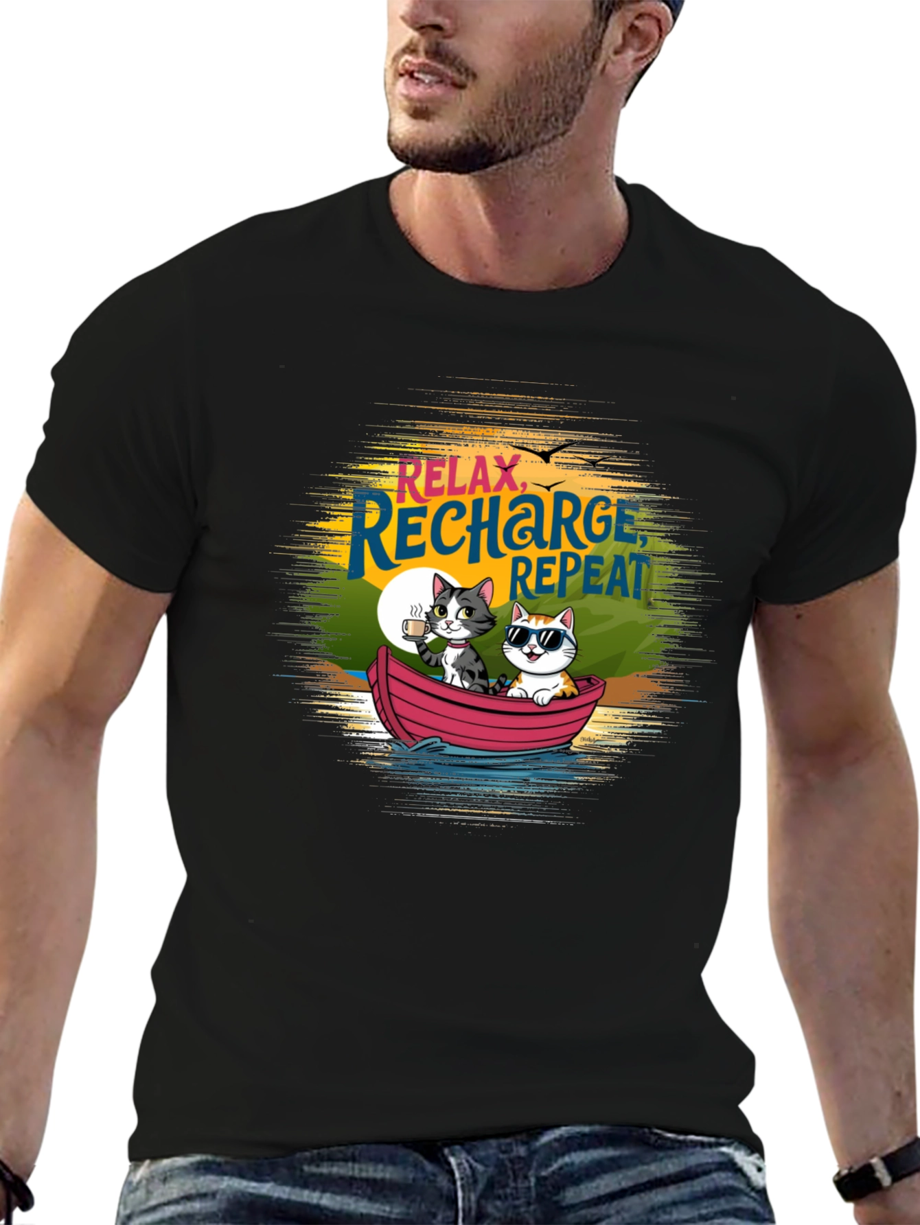 Relax Recharge Repeat Cats Boat T-Shirt