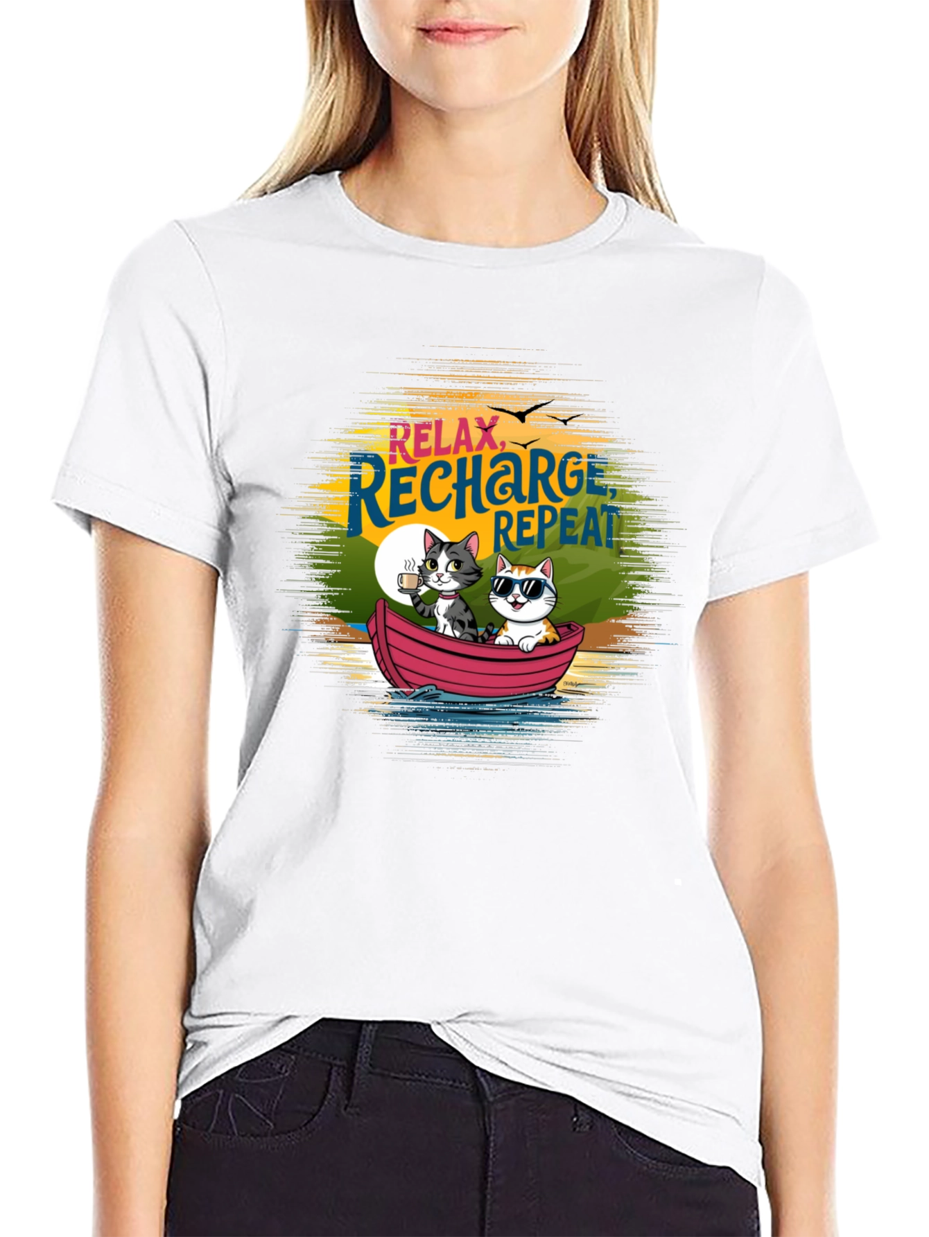 Relax Recharge Repeat Cats Boat T-Shirt