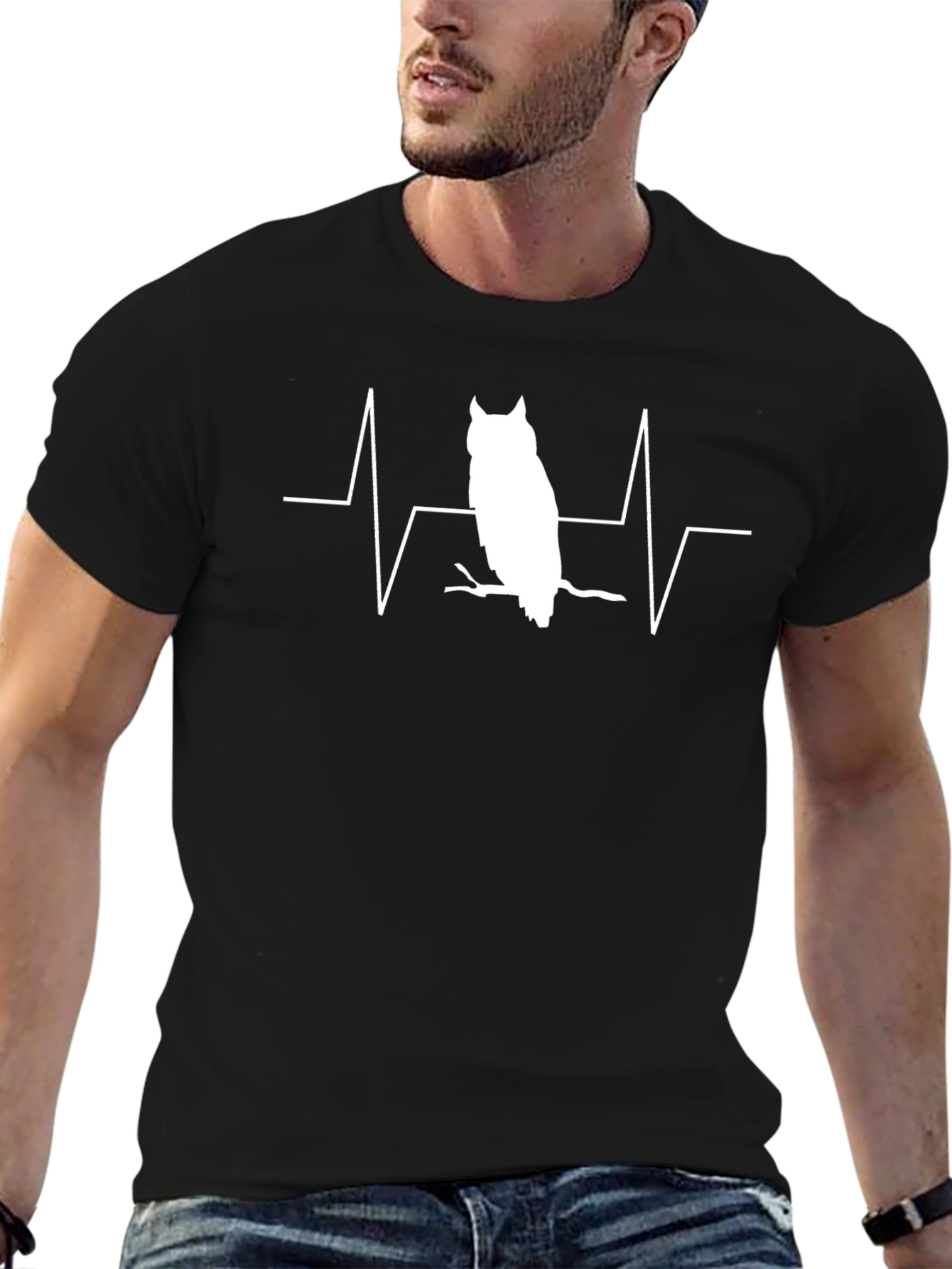 Owl Heartbeat Graphic T-Shirt - Black